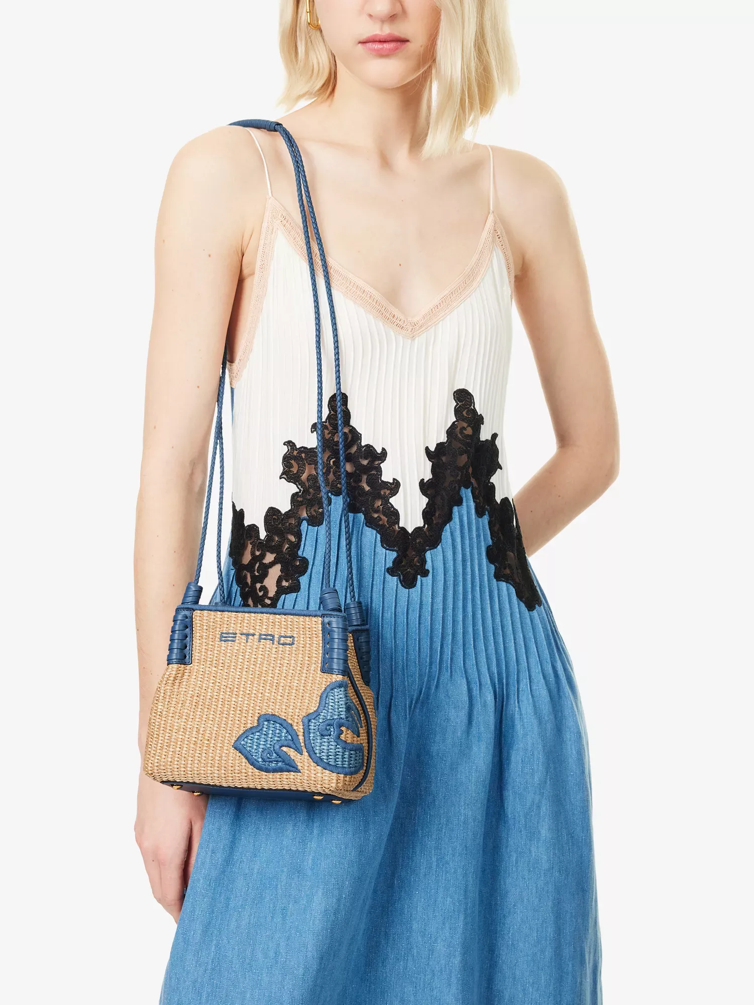 Etro Libra Embroidered Mini Azzurro Raffia Shoulder Bag