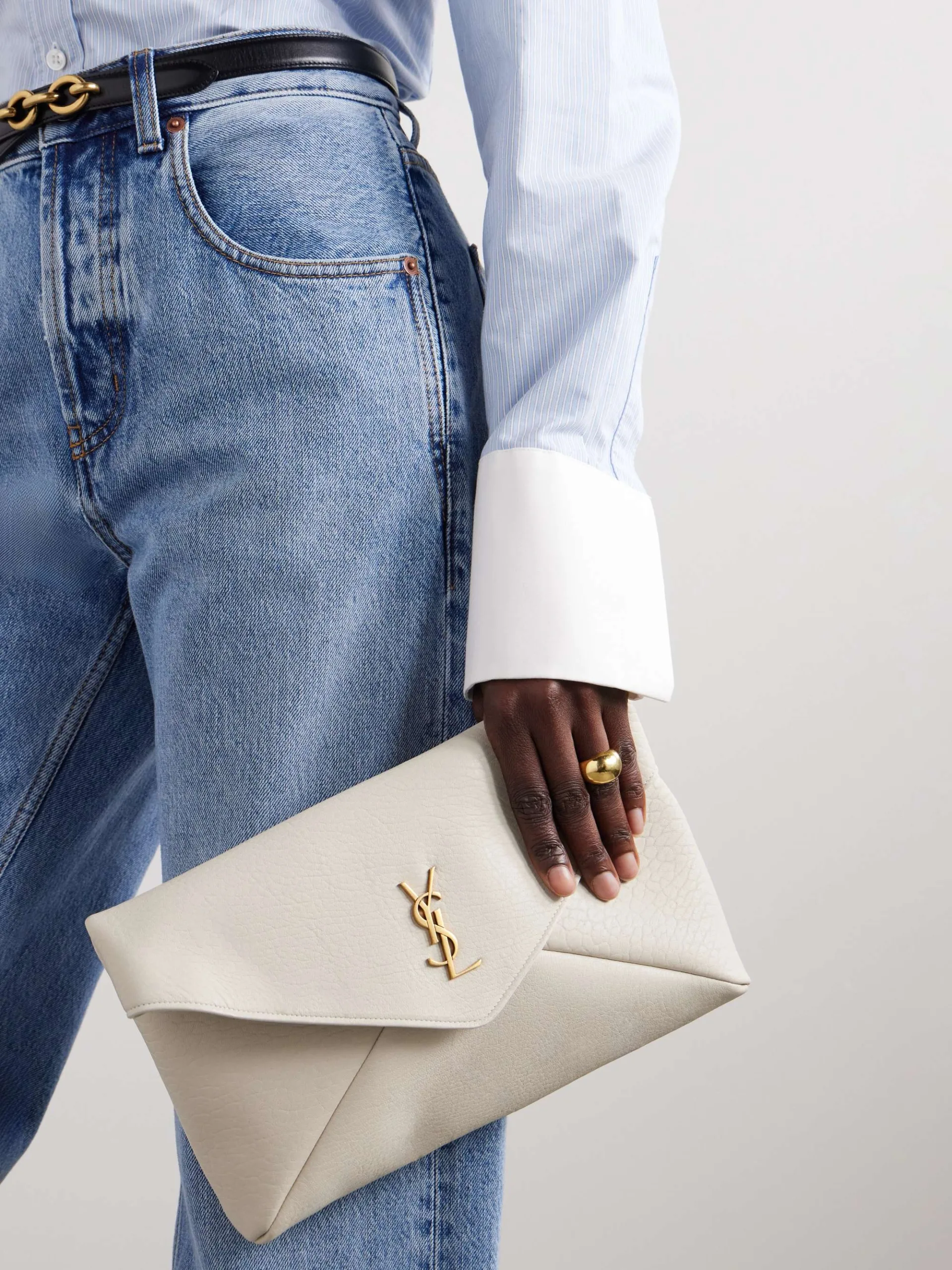 Saint Laurent Cassandre Large Textured Off-White Leather Clutch