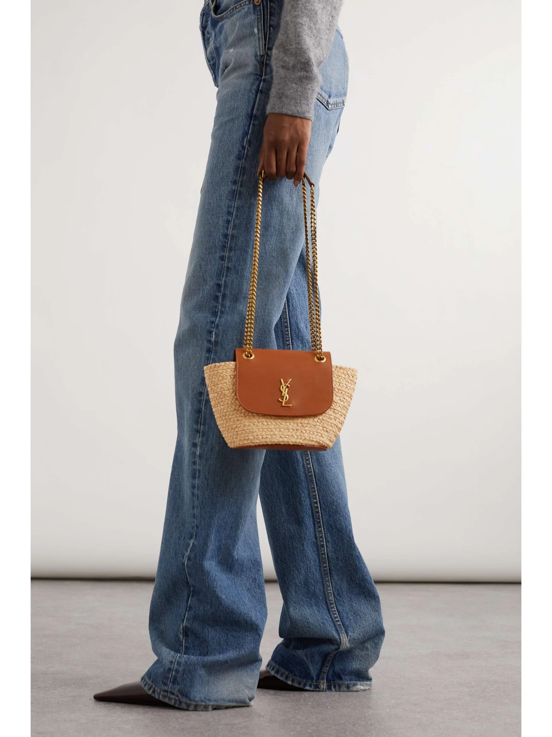 Saint Laurent Manon Mini Leather Trimmed Brown Raffia Shoulder Bag