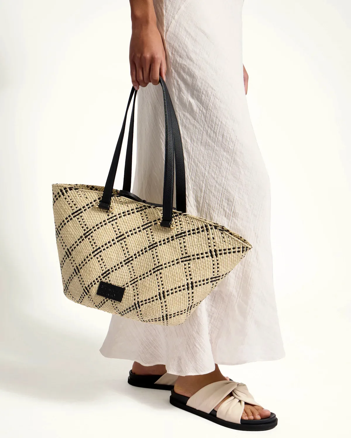 Strathberry Medium Palm Natural Iraca Palm Black Basket Bag