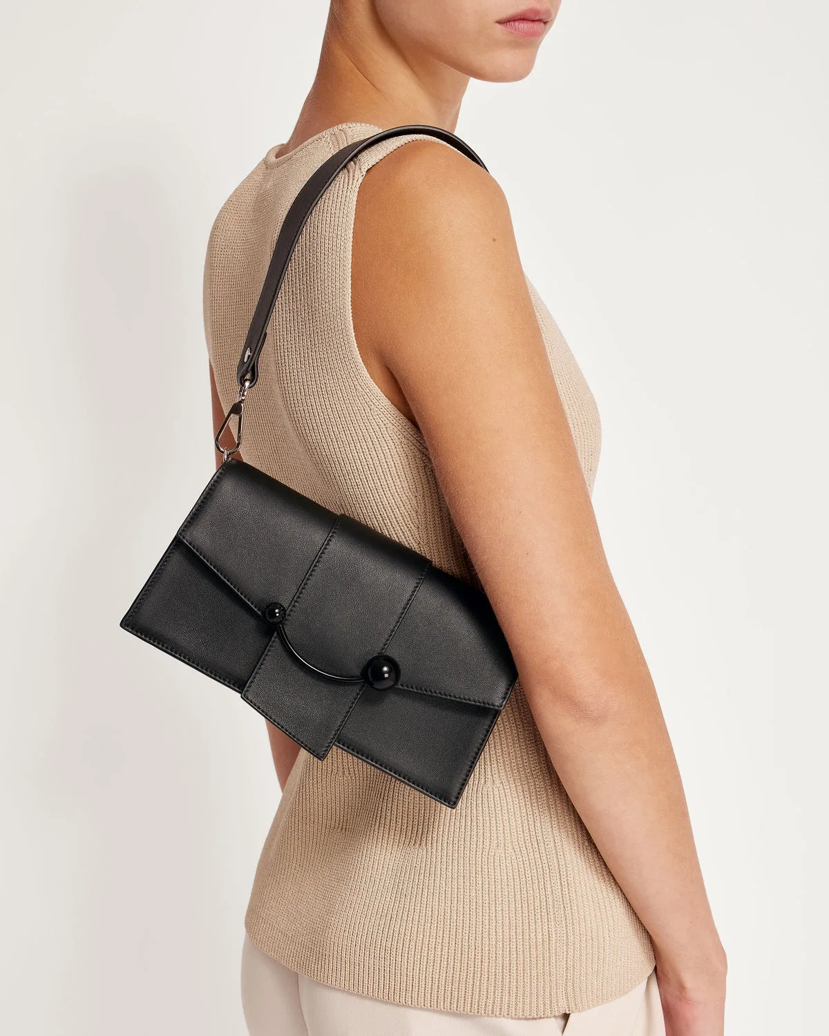 Strathberry Mini Crescent Black Leather & Silver Hardware Shoulder Bag