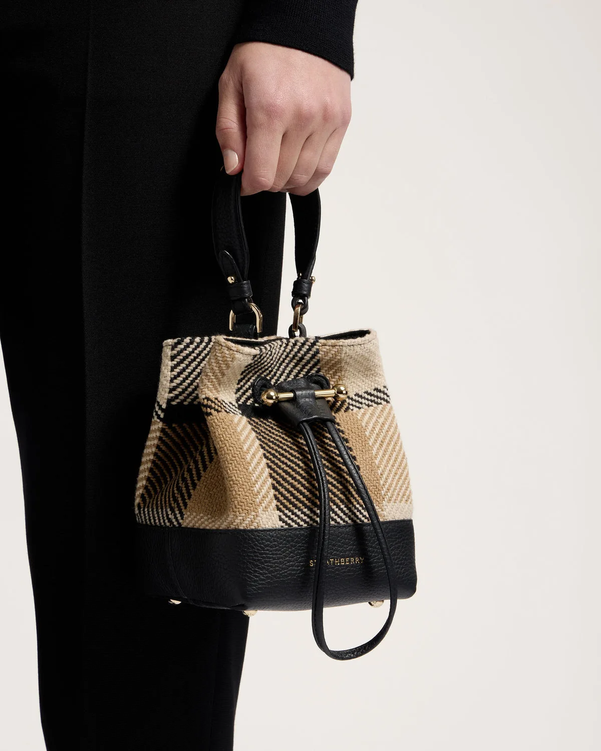Strathberry Osette Black & Camel Tartan Bucket Bag
