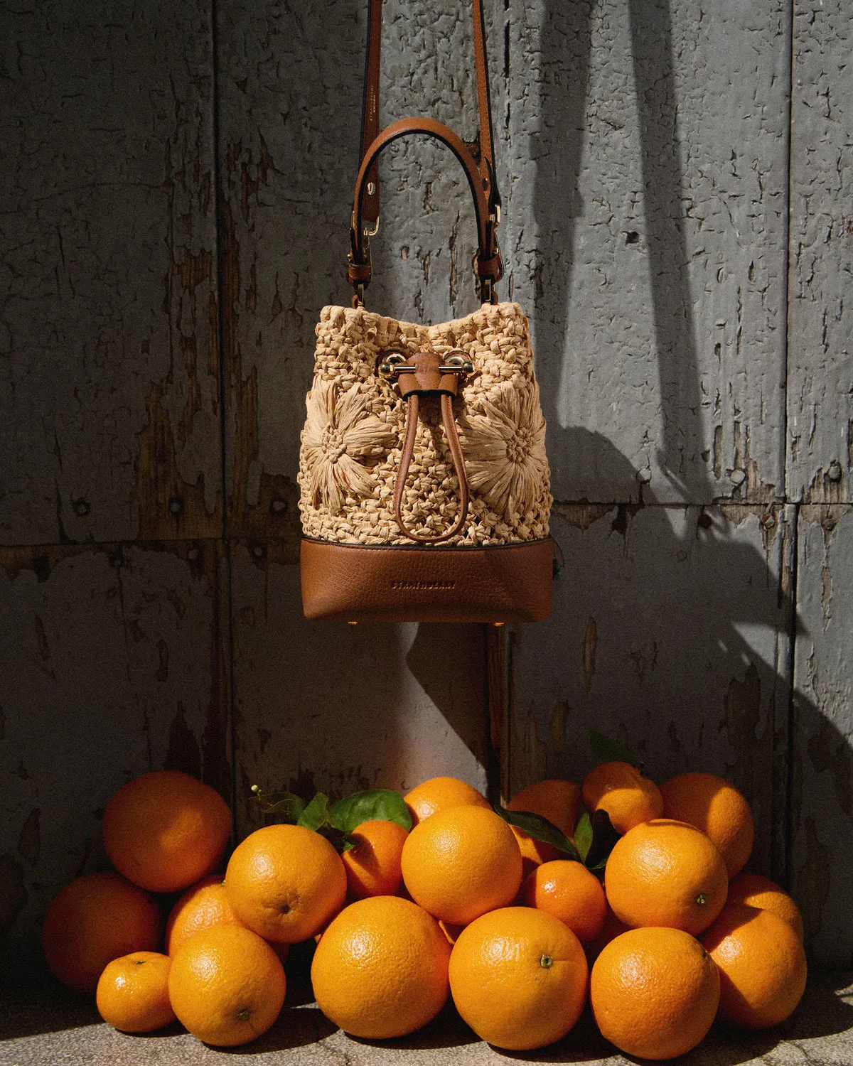 Strathberry Osette Floral Paper Raffia & Tan Leather Bucket Bag