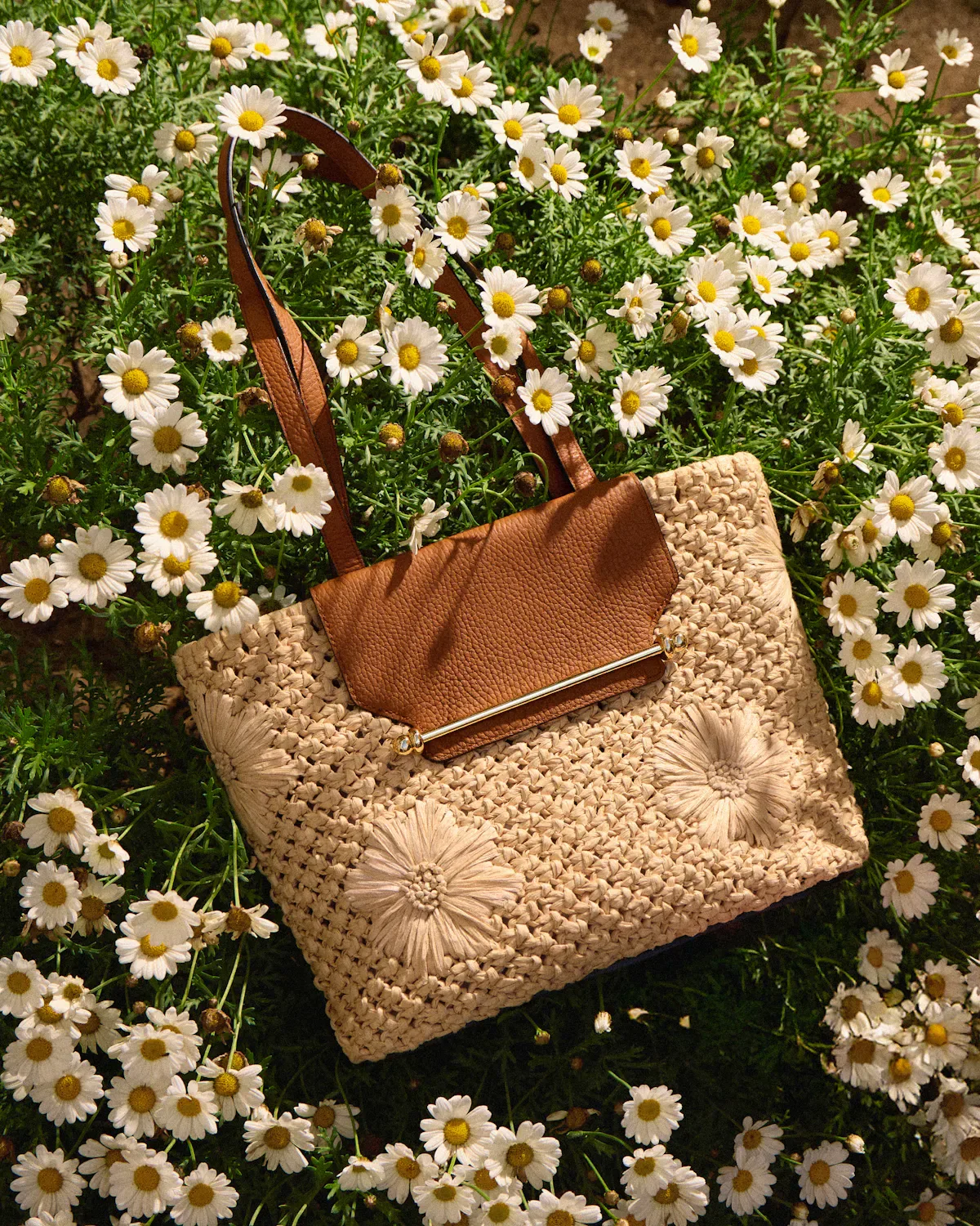 Strathberry Small Floral Paper Raffia & Tan Leather Basket Bag
