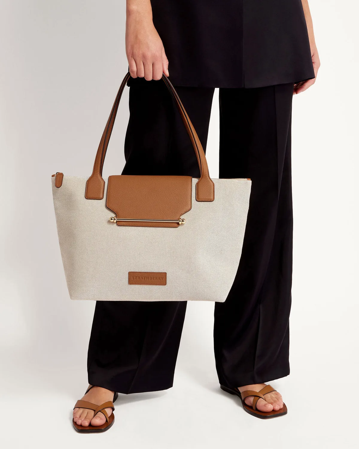 Strathberry Travel Tote in Ecru Canvas & Tan Leather