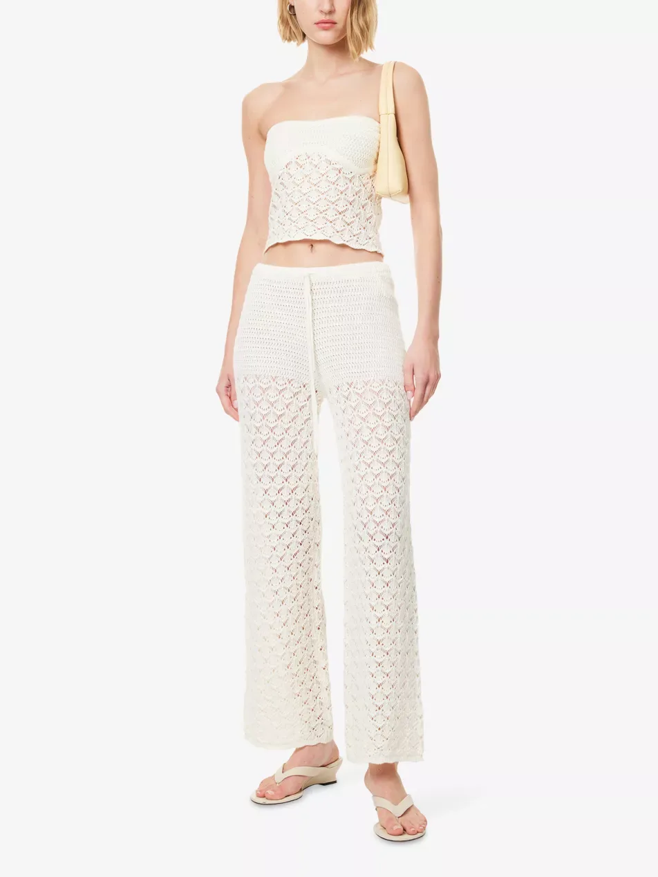 4TH & Reckless Elena Straight Leg Cotton-Blend Knitted Cream Trousers
