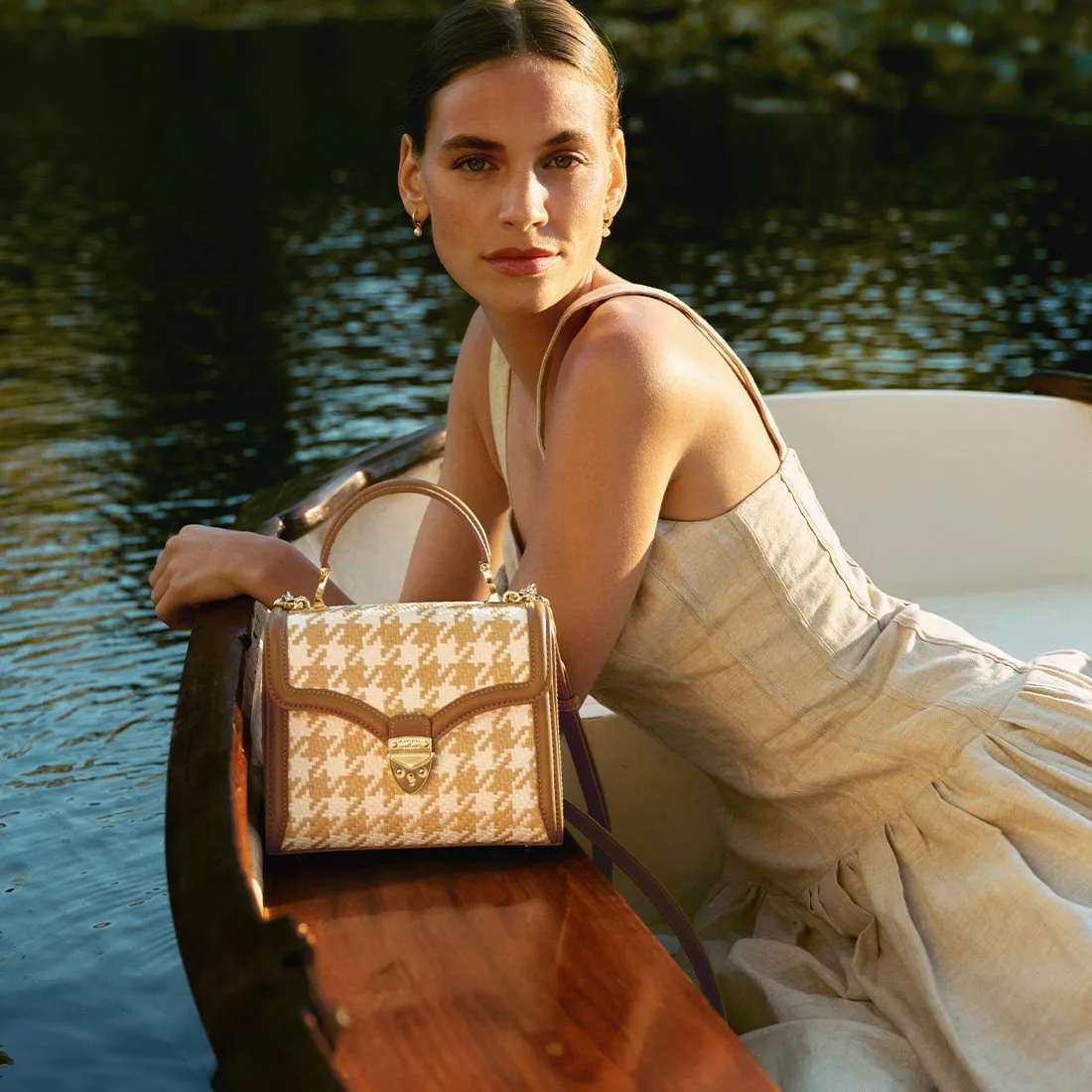 Aspinal of London Midi Mayfair Natural & White Raffia Shoulder Bag
