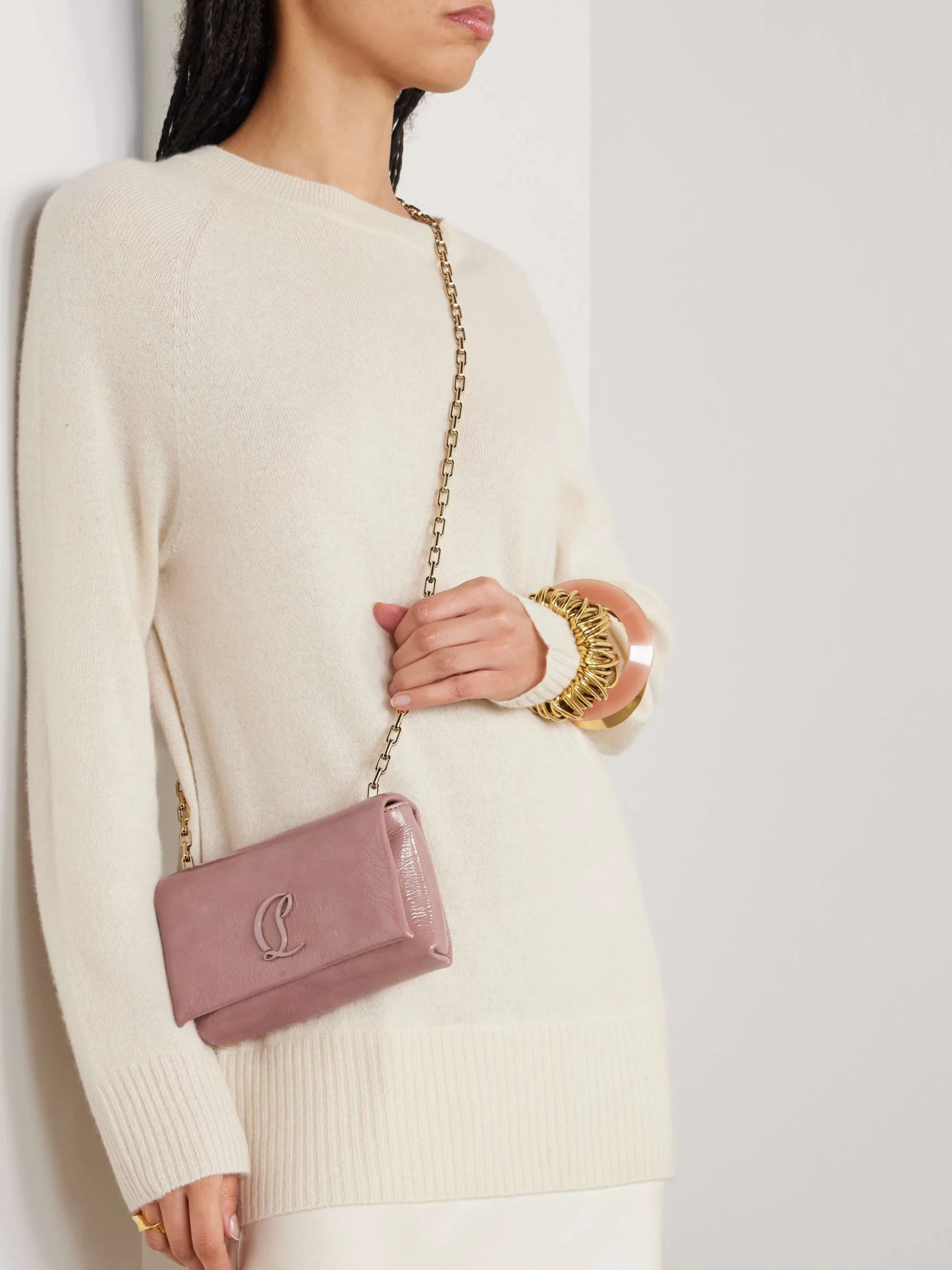 Christian Louboutin Loubi54 Embellished Crinkled Baby Pink Patent Leather Shoulder Bag
