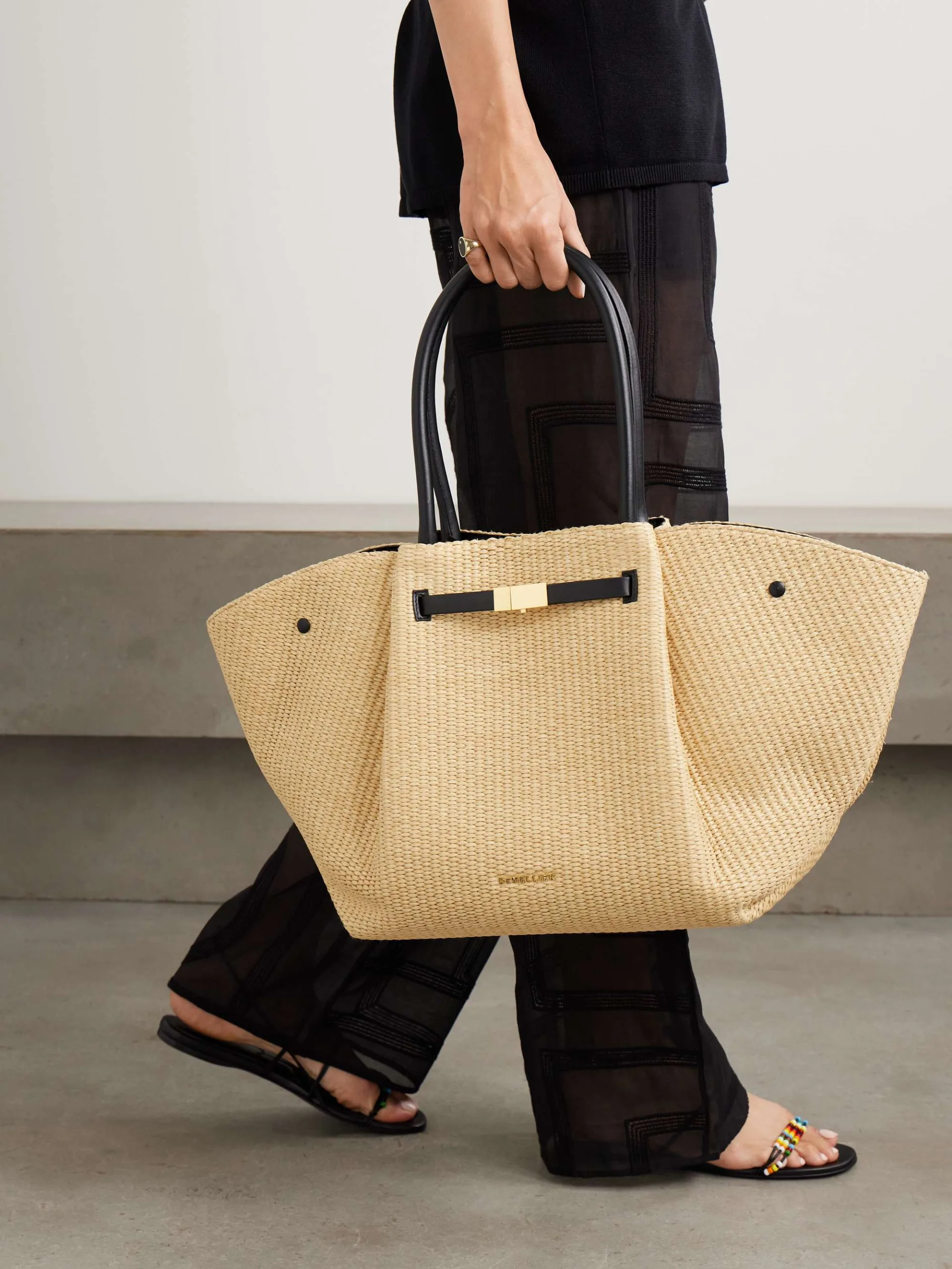 DeMellier New York Leather Trimmed Raffia Tote