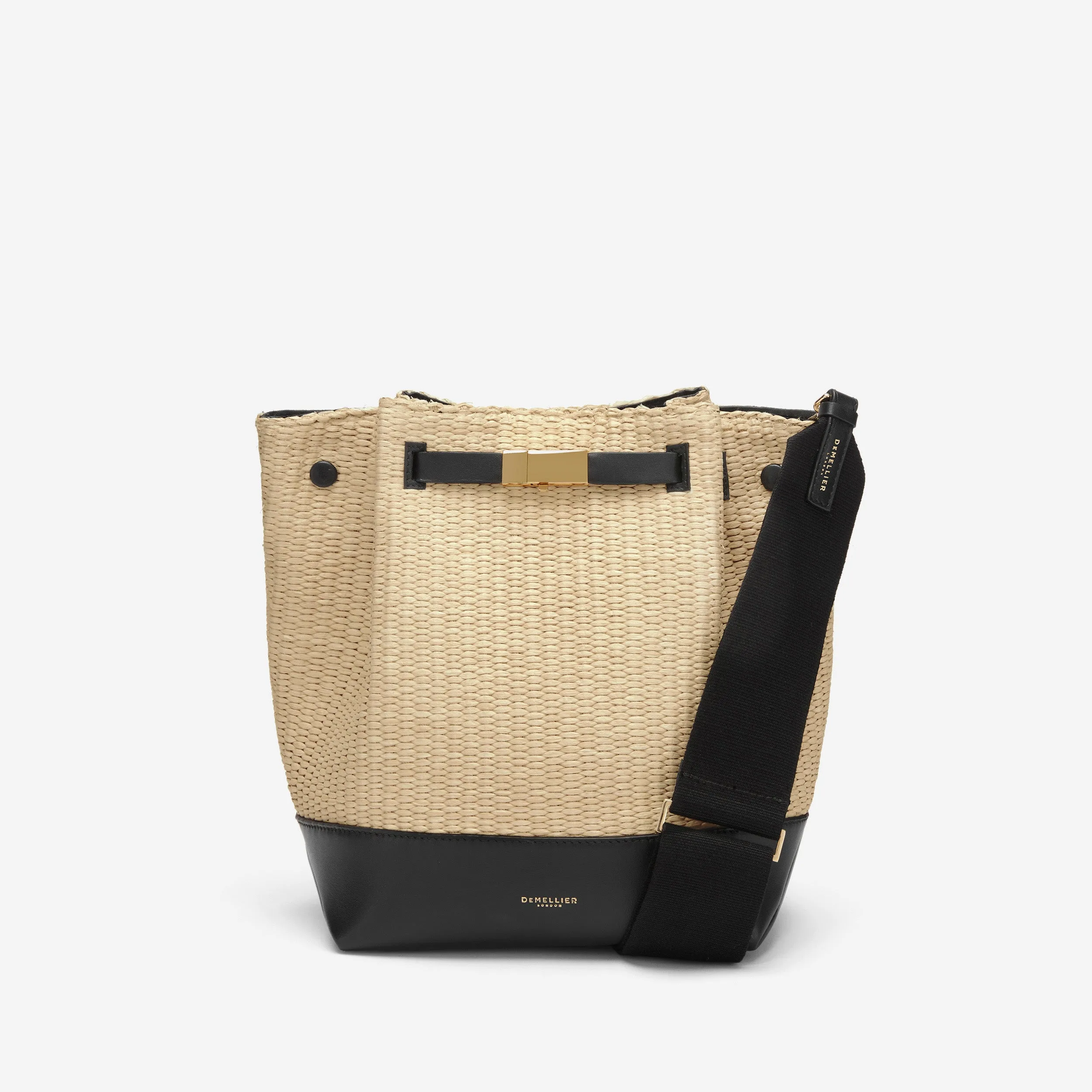 DeMellier The New York Bucket Bag in Natural Raffia Black Smooth