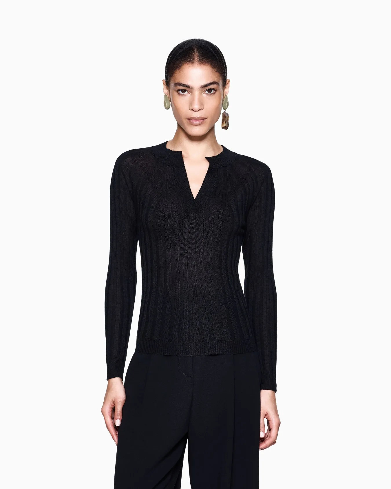 Giorgio Armani Crew Neck Rib-Knit Black Cashmere & Silk Jumper