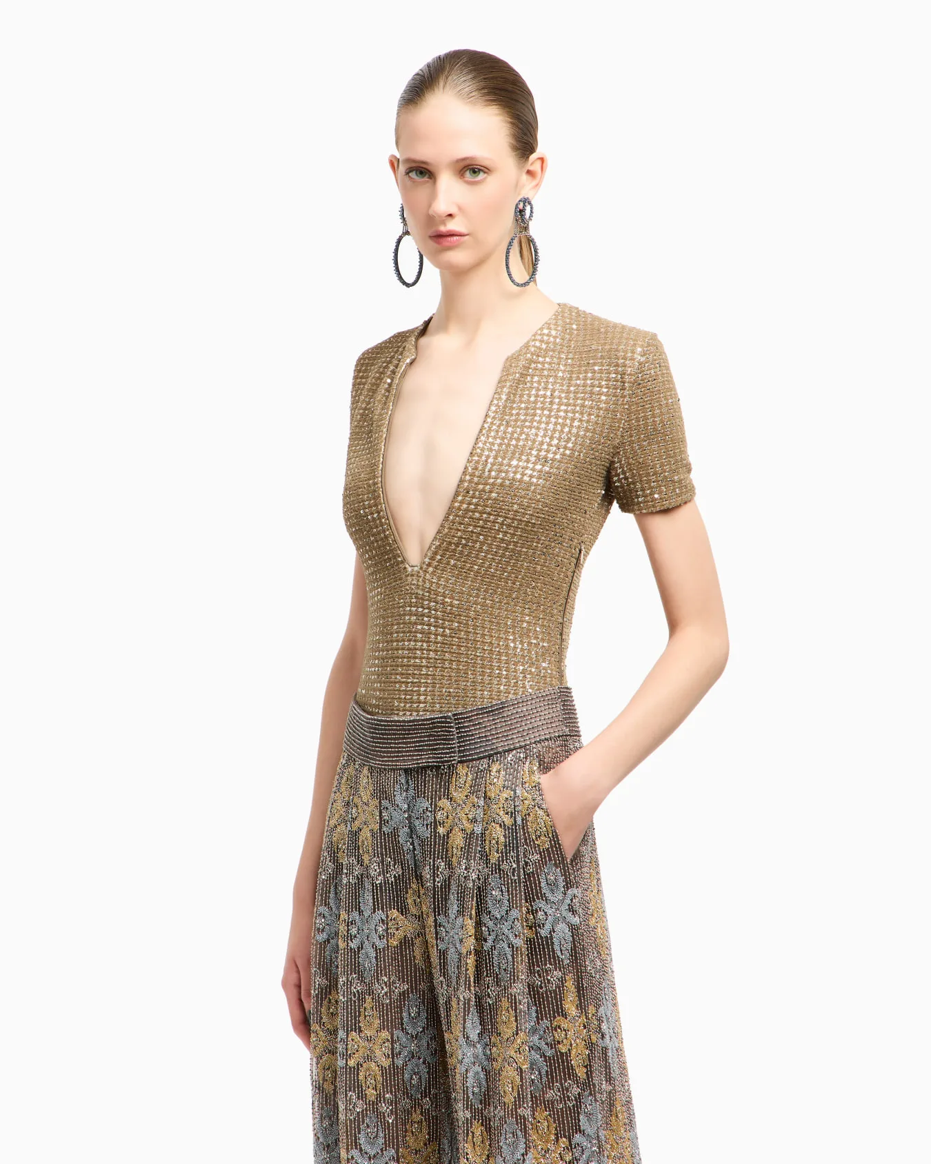 Giorgio Armani Jersey Bodysuit with Gold Flocked Print & Sequins