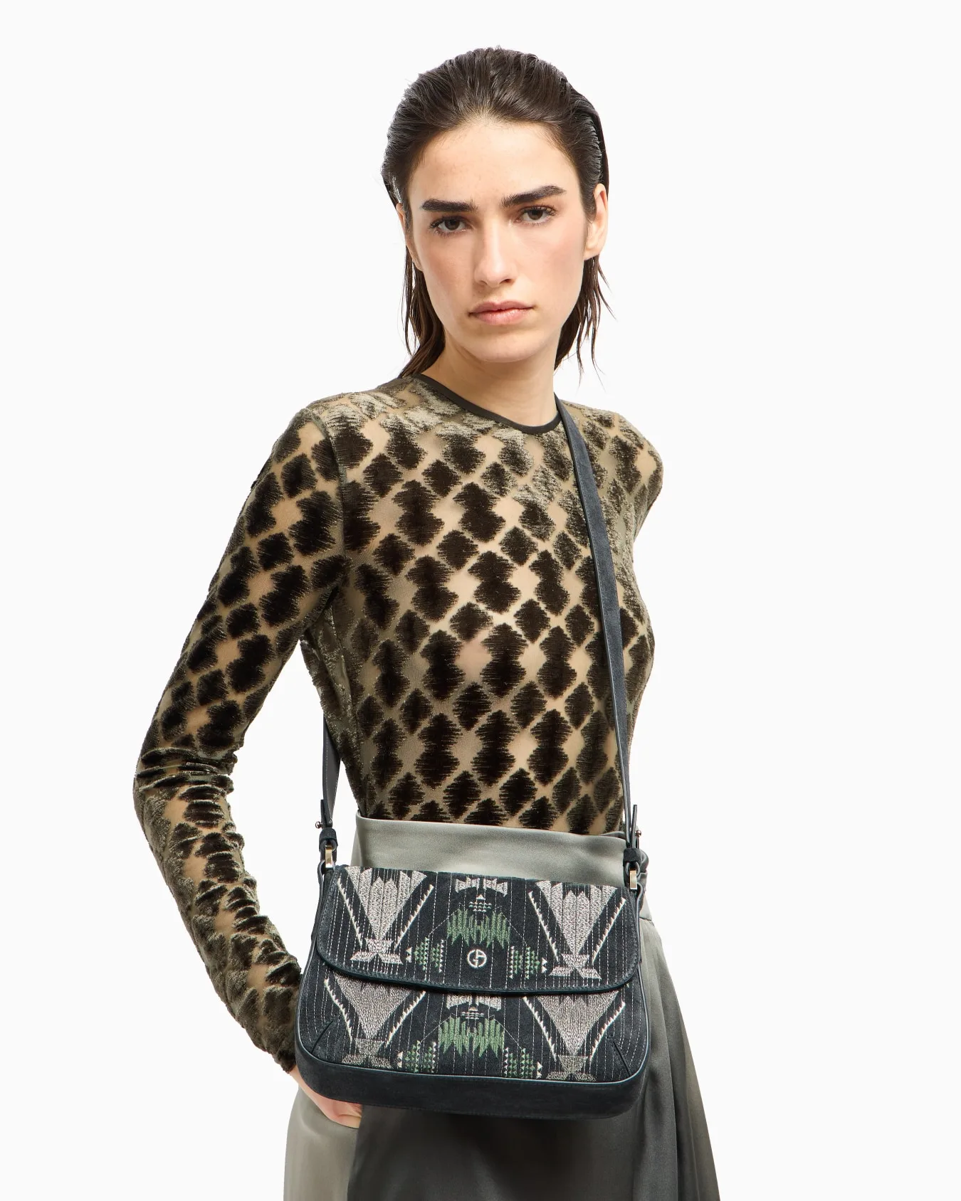 Giorgio Armani Small La Prima Soft Embroidered Suede Shoulder Bag