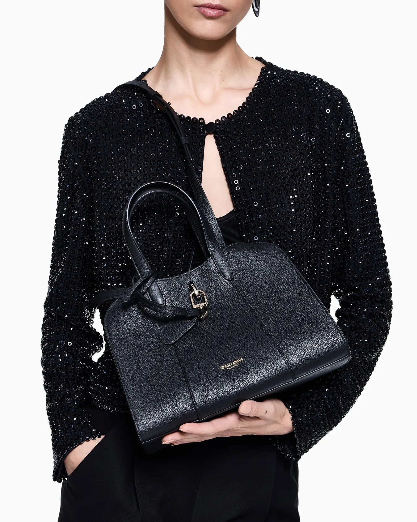 Giorgio Armani Small Tote Bag in Black Pebbled Leather