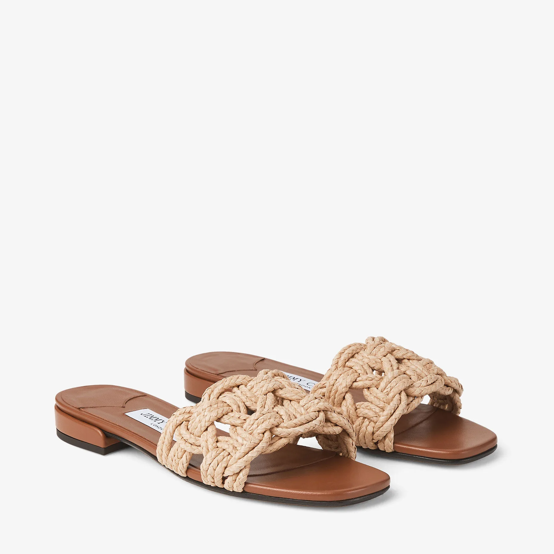 Jimmy Choo Chara Tan Leather & Natural Raffia Slides