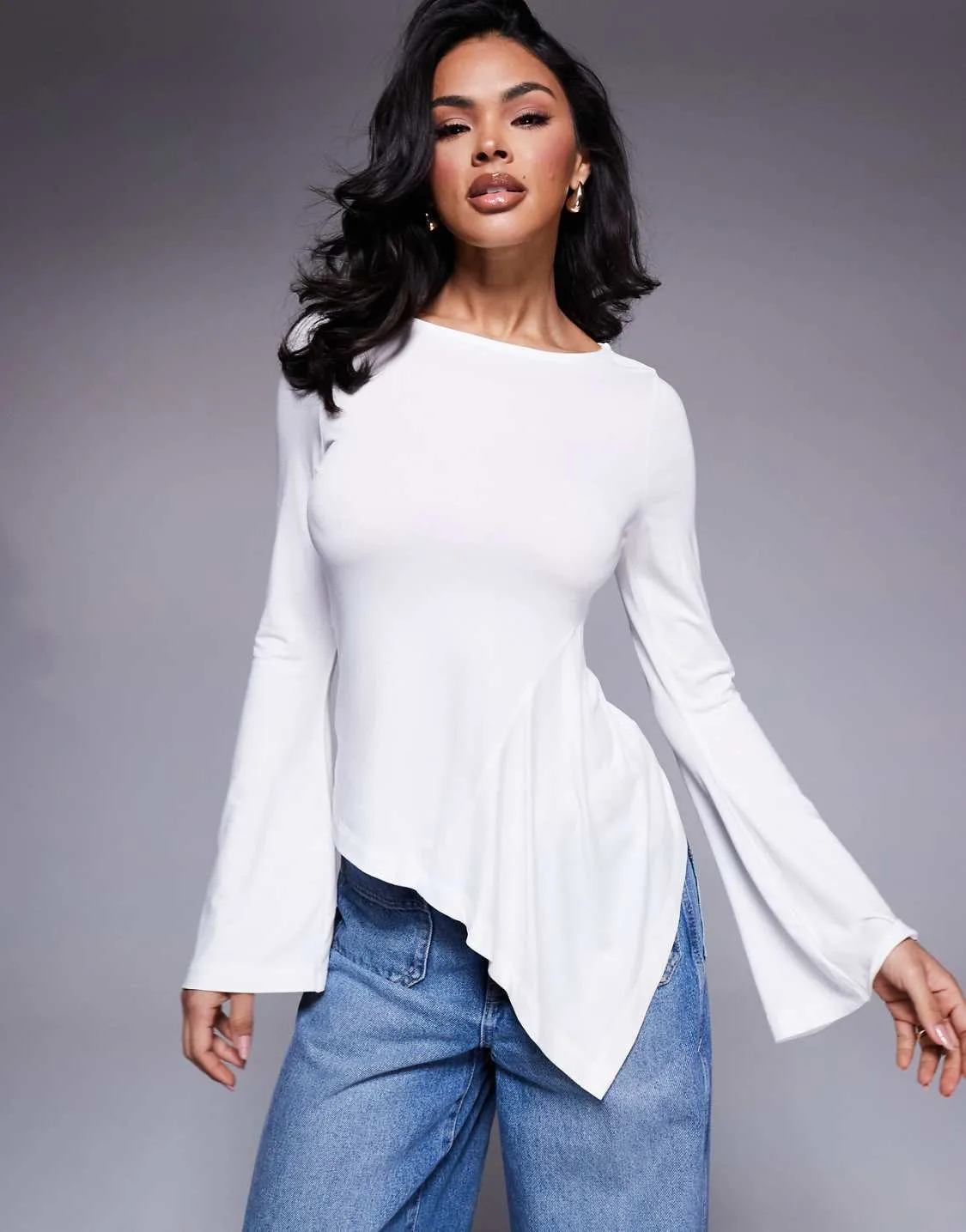 ASOS Design Angel Sleeve Ecru Top with Godet Detail