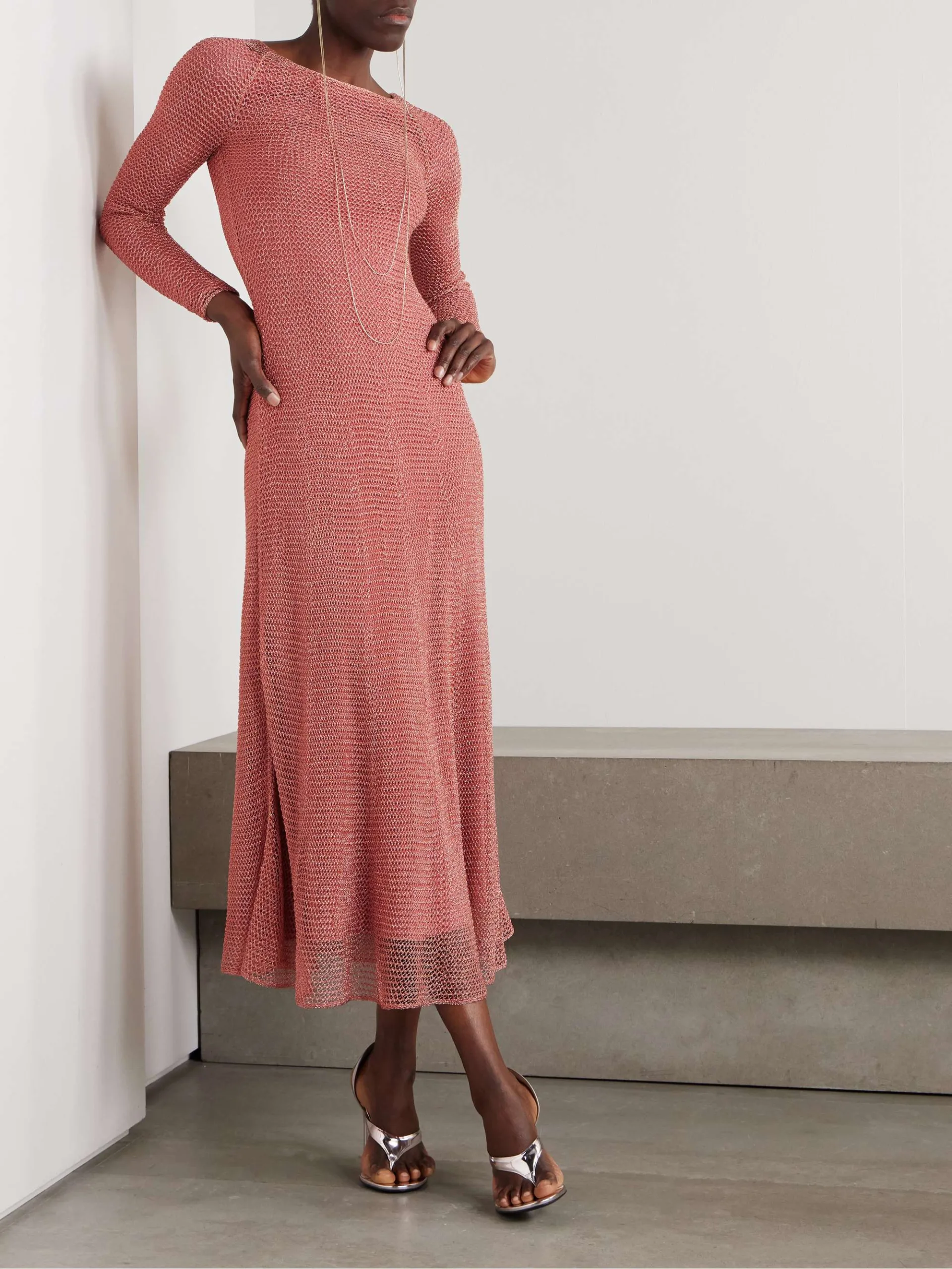 Alaïa Metallic Pink Open Knit Midi Dress