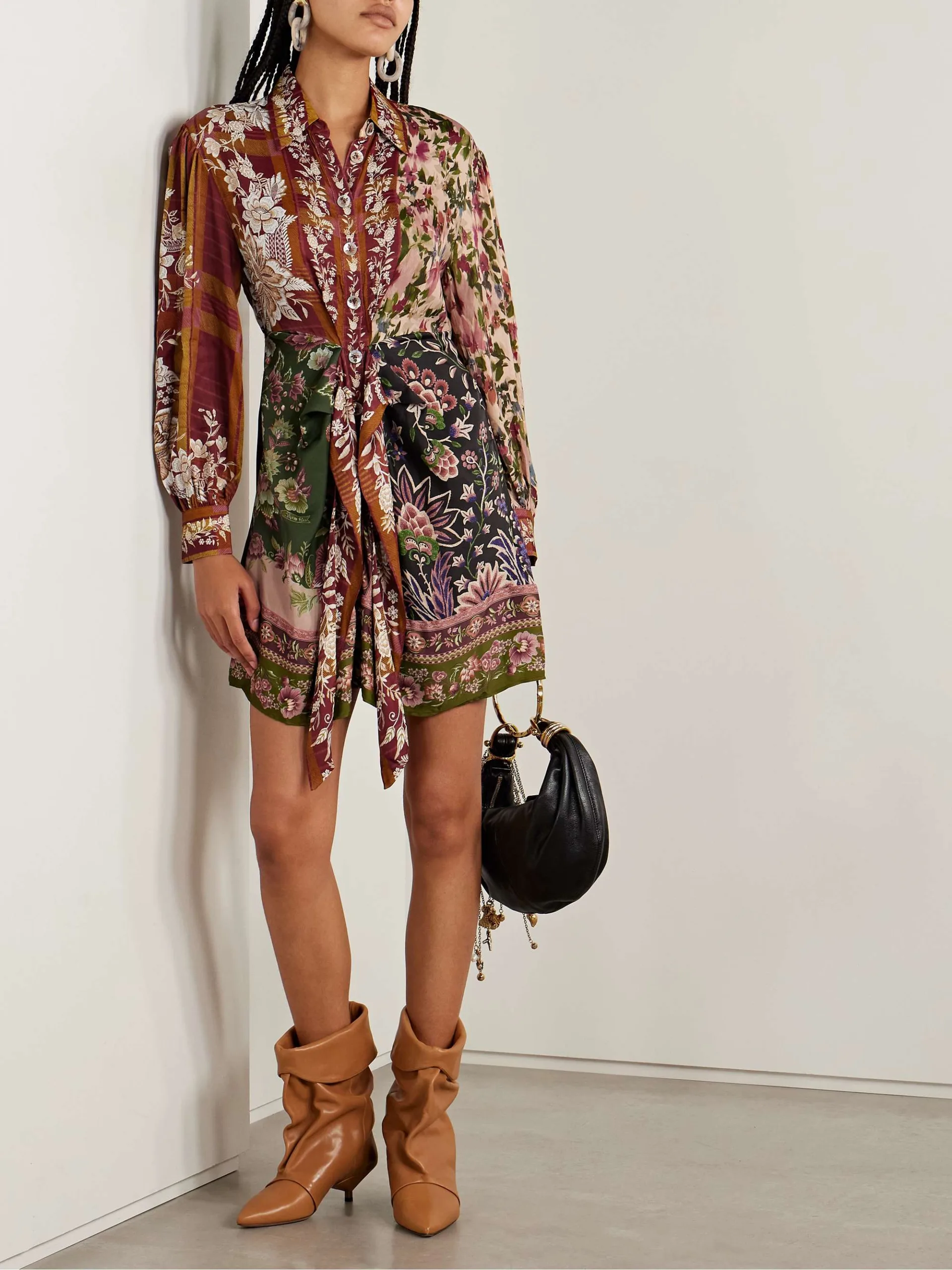 Farm Rio Tie Detailed Floral Print Twill Mini Shirt Dress