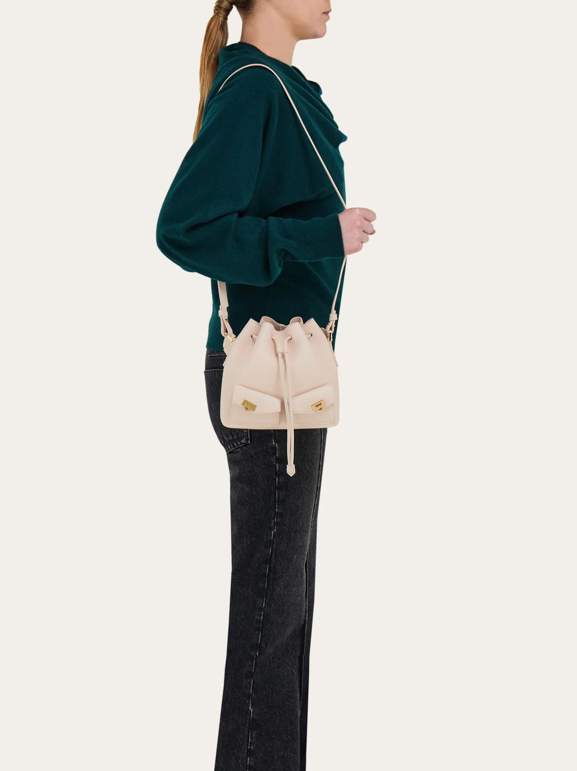 Ferragamo Multipocket Ballet Pink Calfskin Leather Bucket Bag