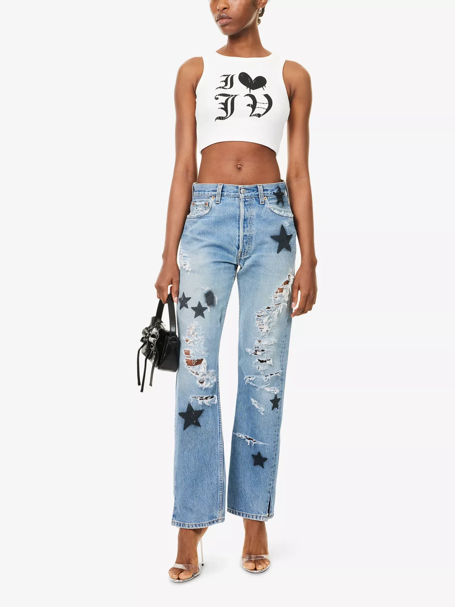 Jean Vintage Rockstar Distressed Straight-Leg Blue Denim Jeans