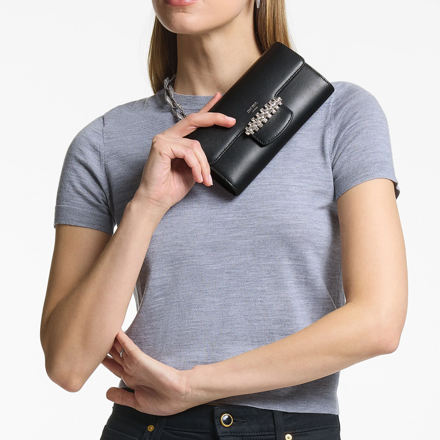 Jimmy Choo Bing Black Leather Mini Wallet with Removable Chain