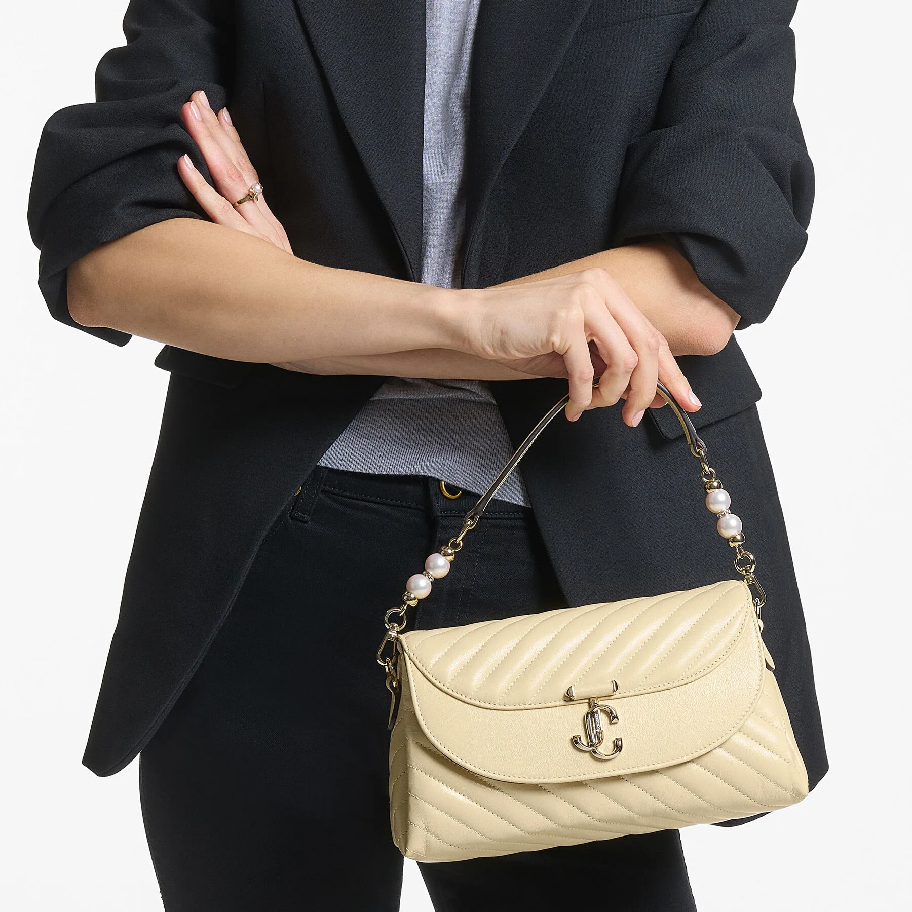 Jimmy Choo Curve Top Handle Buttermilk Quilted Biker Leather Shoulder Bag with Pearl Detail