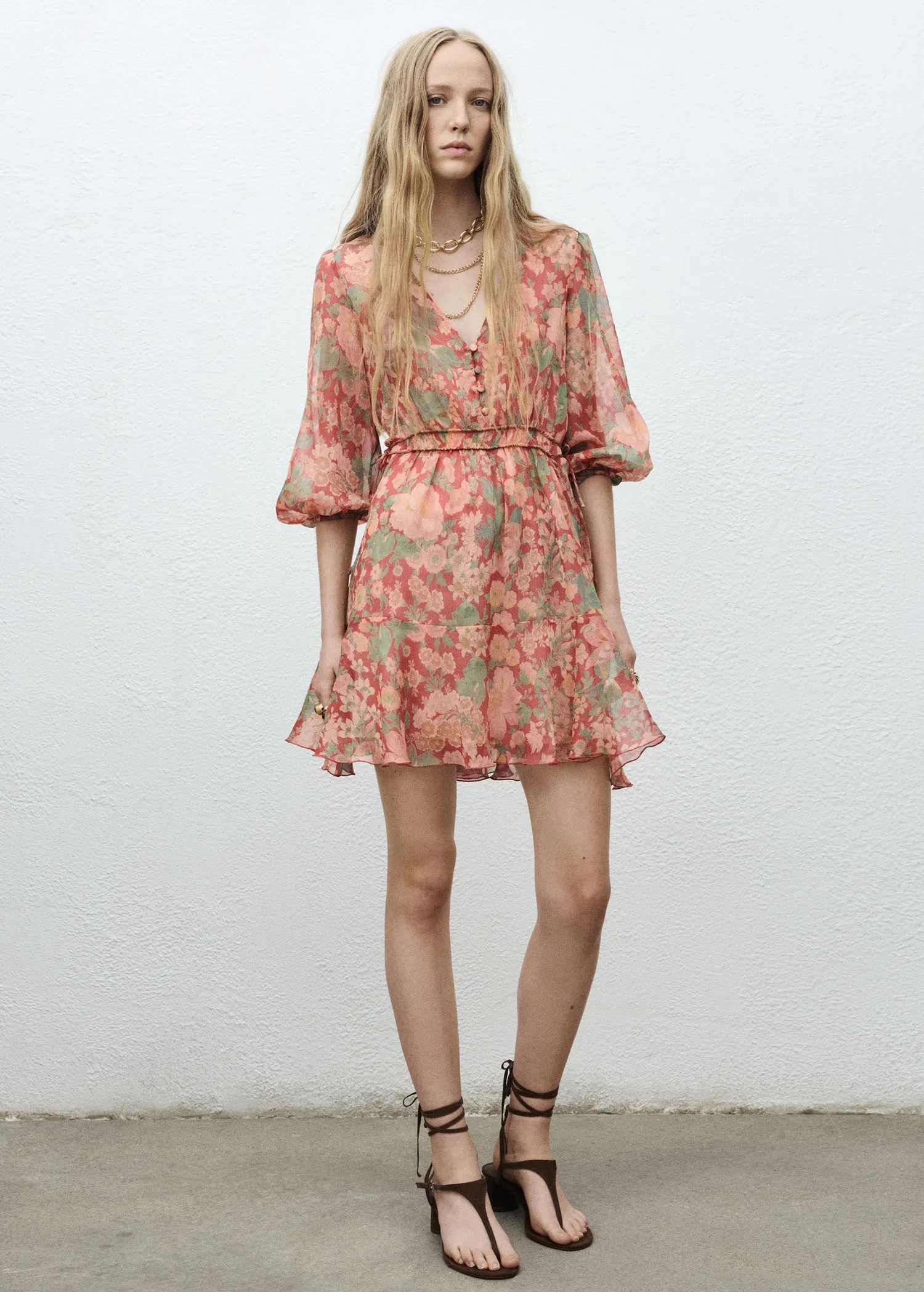 Mango Maroon Floral Puff Sleeve Dress