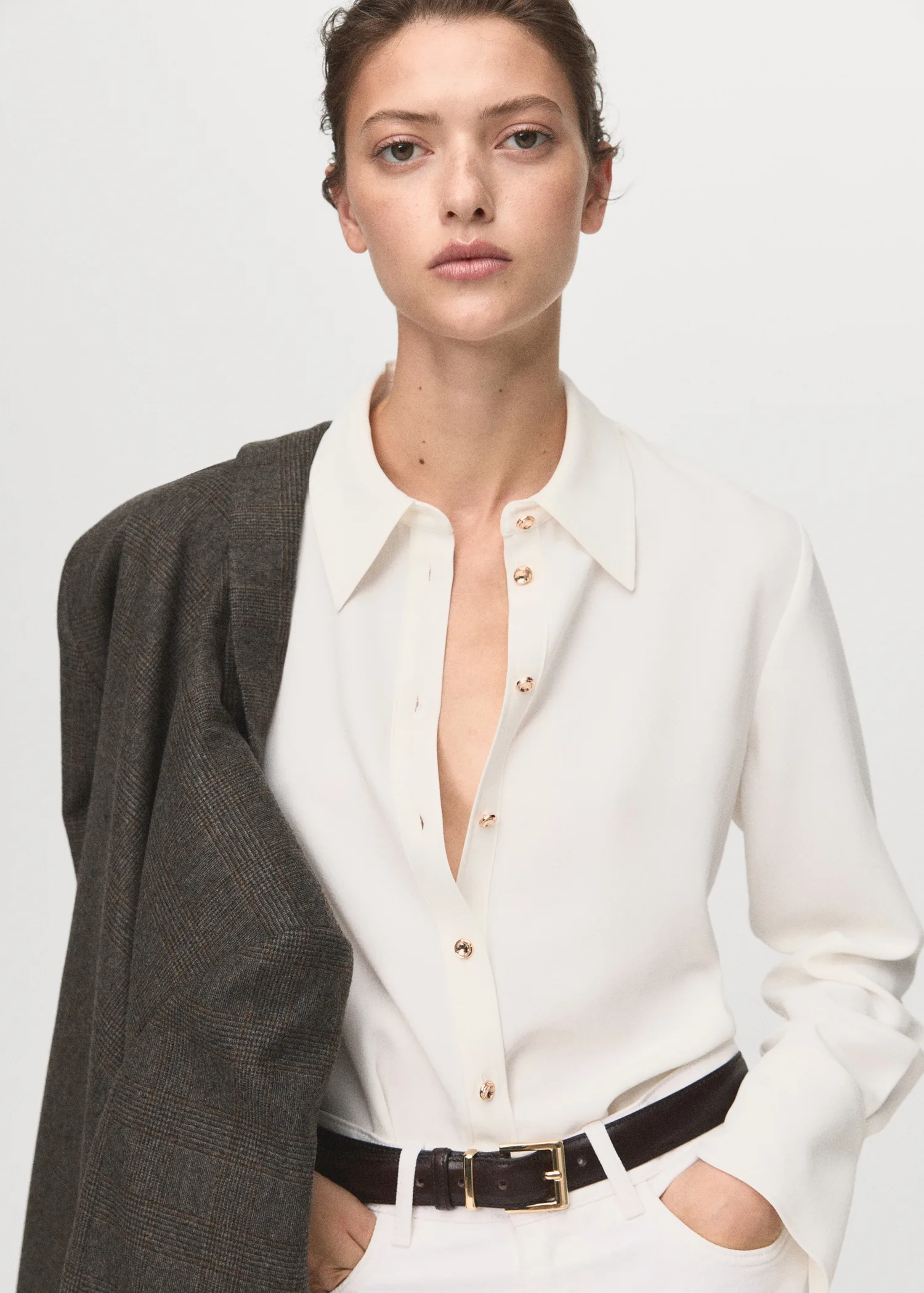 Mango Off White Shirt With Jewel Buttons