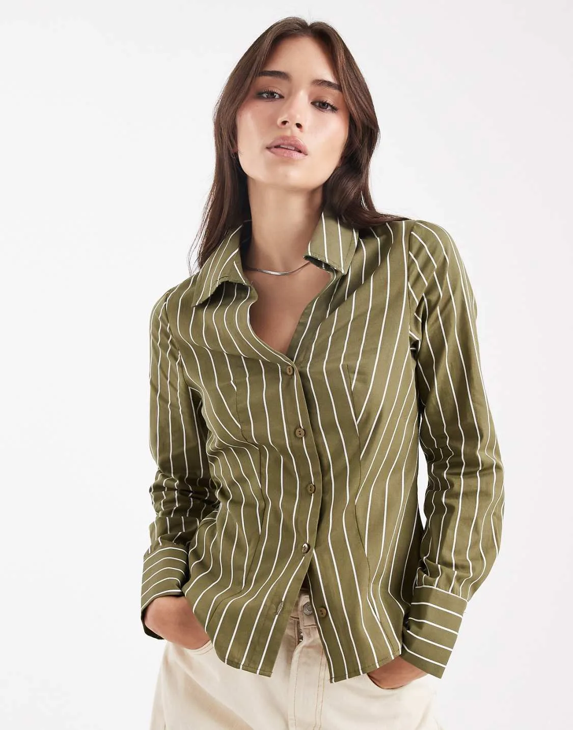 Miss Selfridge Poplin Fitted Olive Stripe Shirt