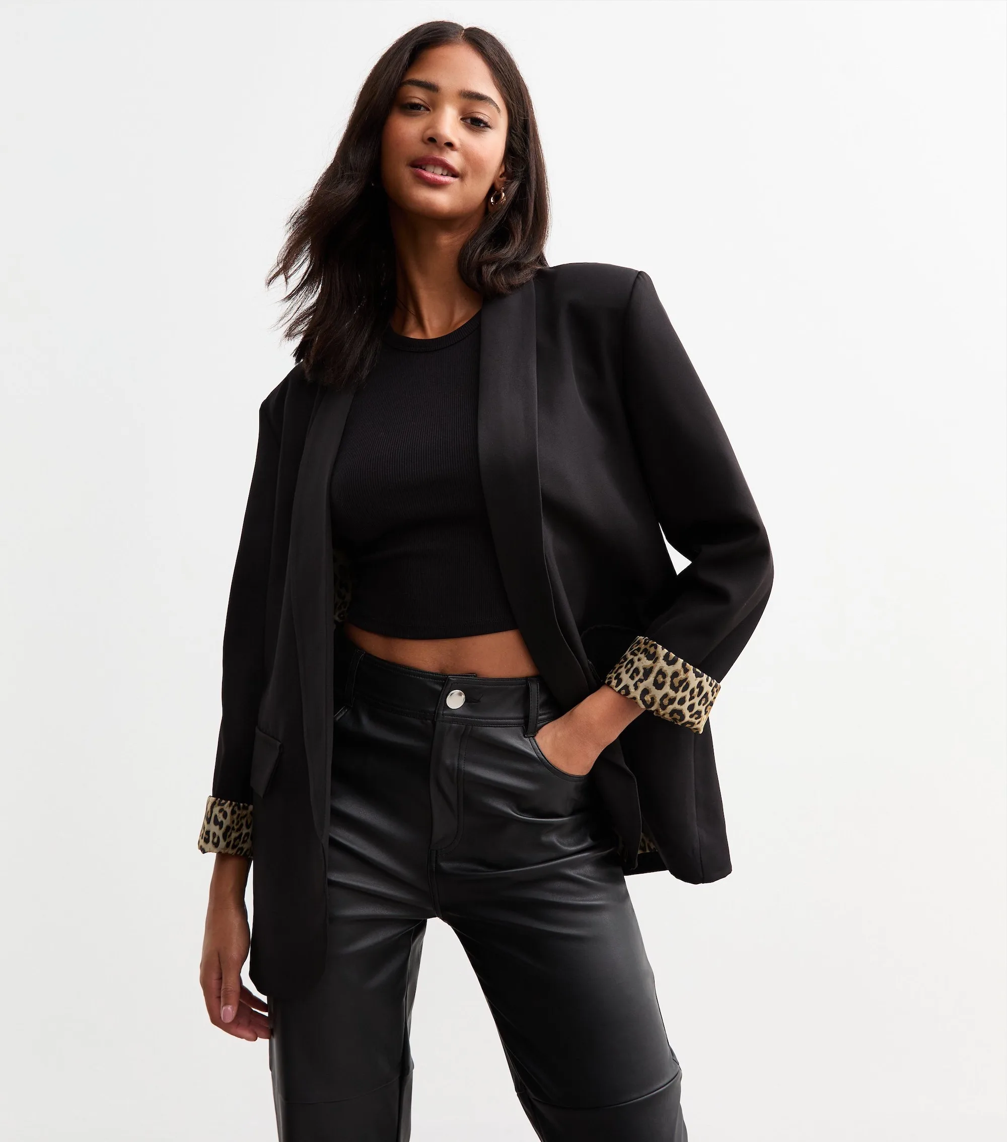 New Look Gini London Black Leopard Cuff Blazer