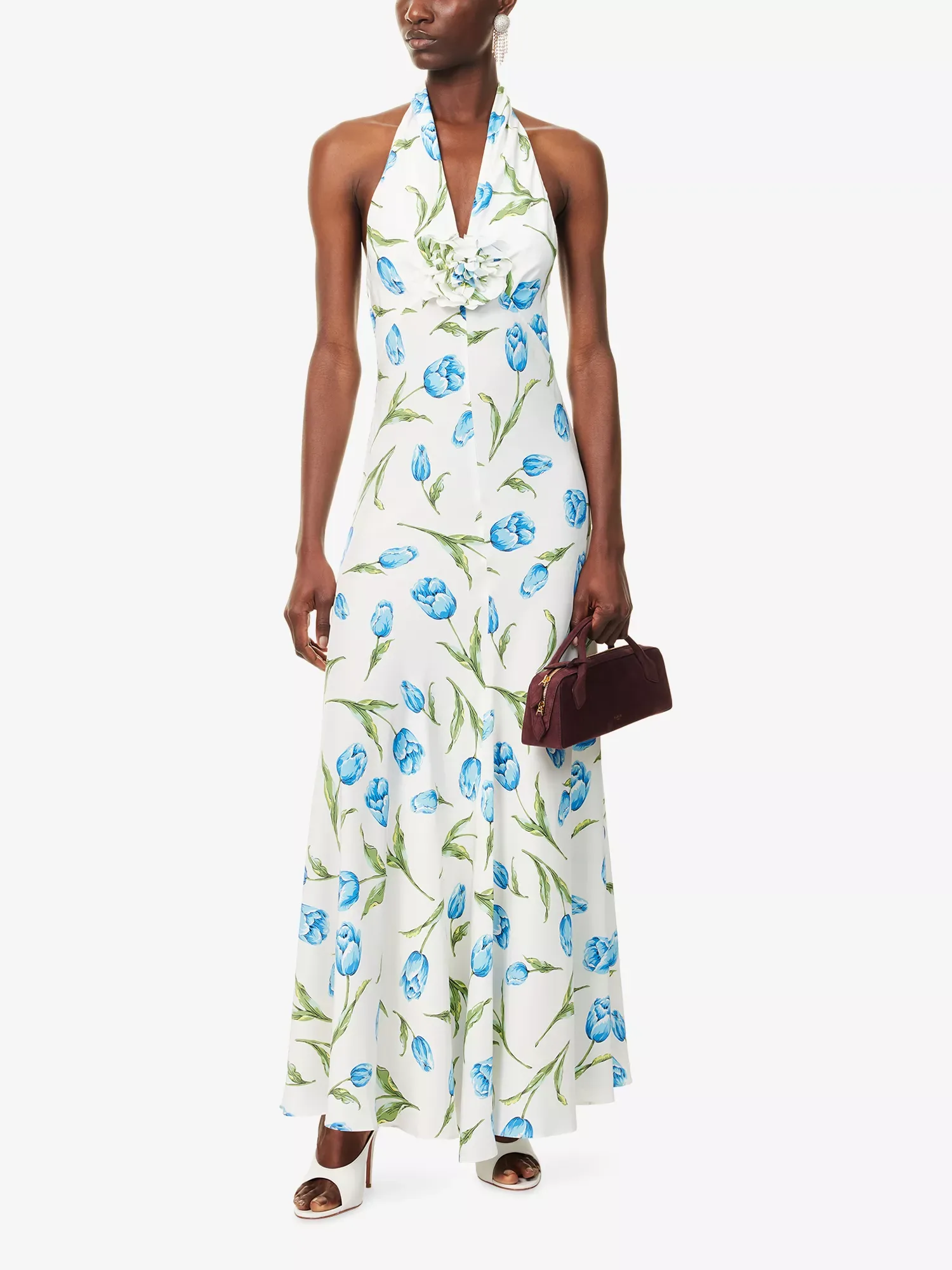 Rodarte Tulip Halterneck White & Blue Silk Maxi Dress