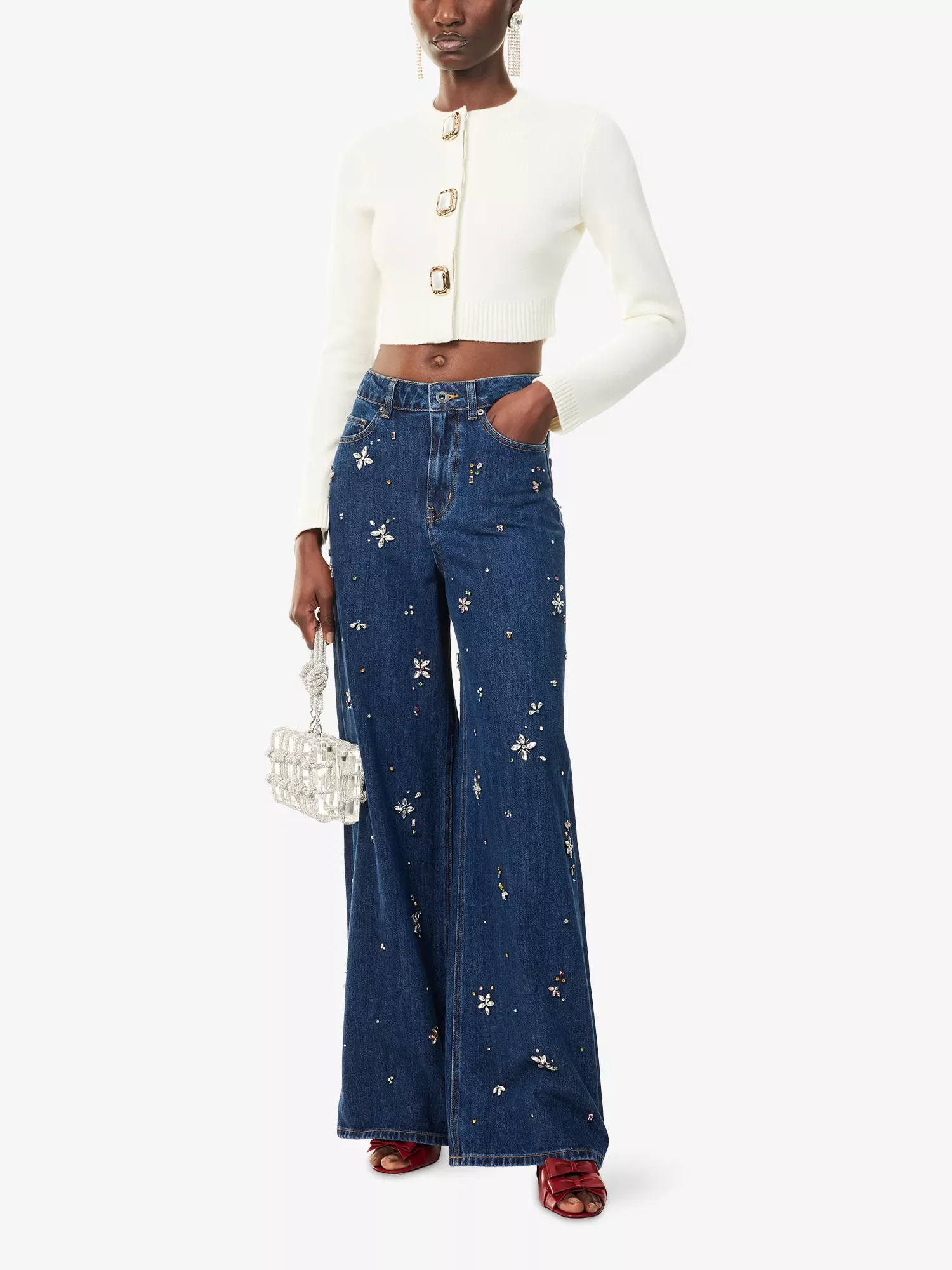Self Portrait Embellished Wide-Leg Blue Denim Jeans