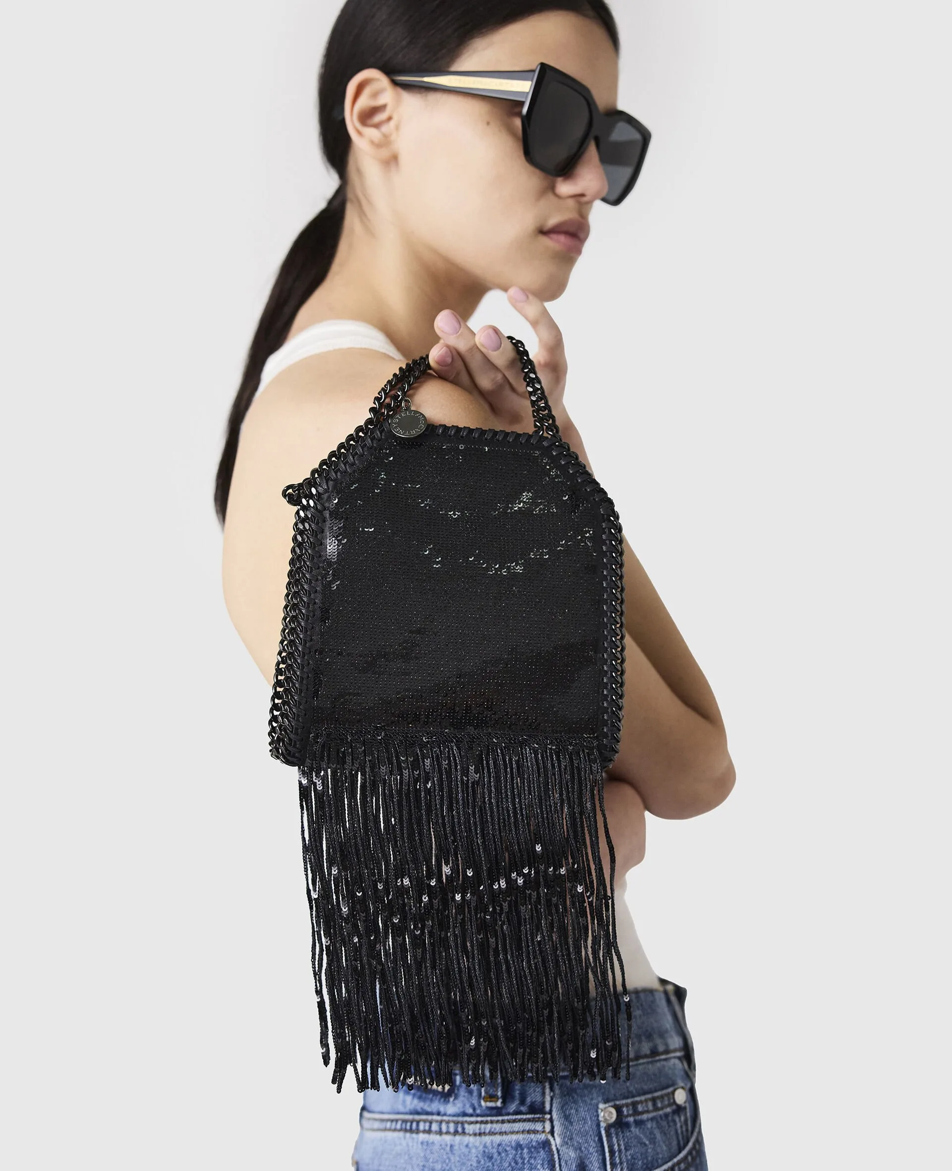 Stella McCartney Limited Edition Falabella Sequin Fringe Tiny Black Tote Bag
