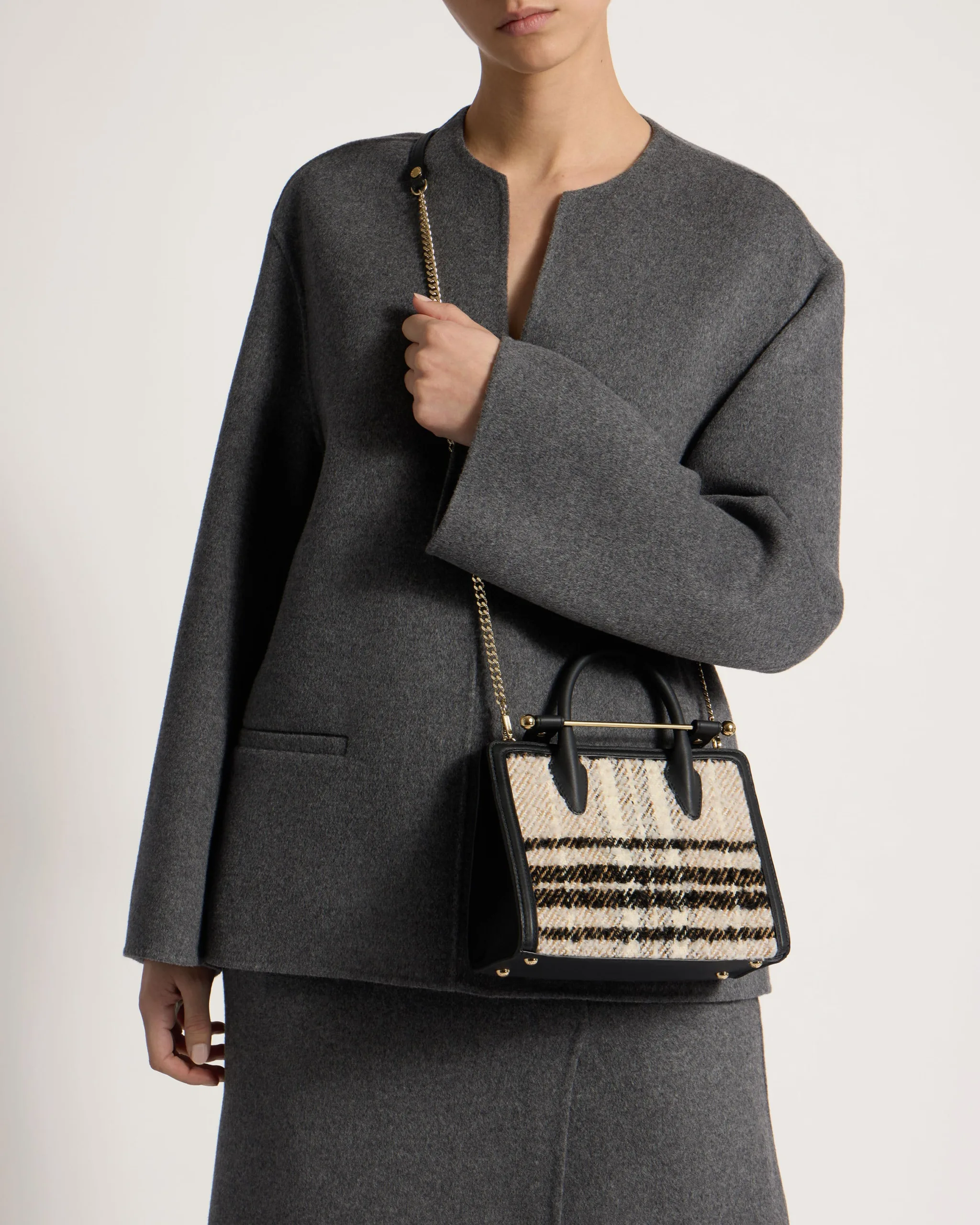 Strathberry Black Bouclé Tartan Mini Tote