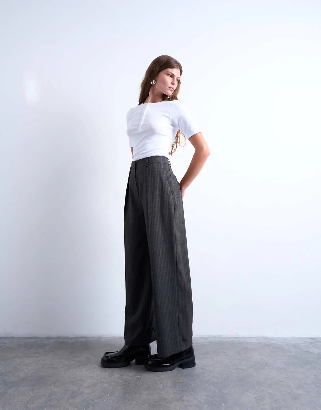 Topshop Co-Ord Pinstripe Tailored Wide-Leg Charcoal Trousers