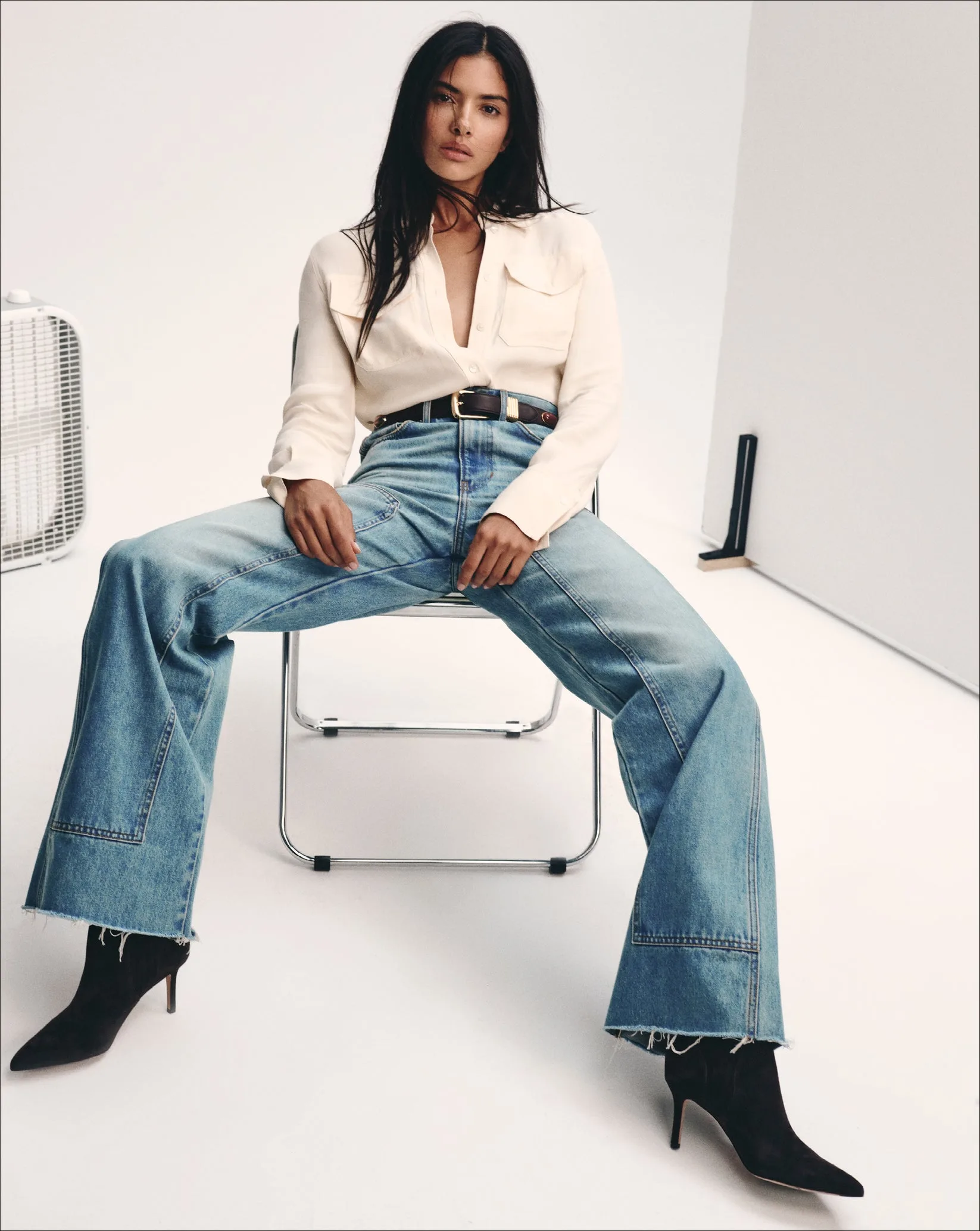 Veronica Beard Taylor Wide-Leg Jean with Chaps in Blue Glare Denim