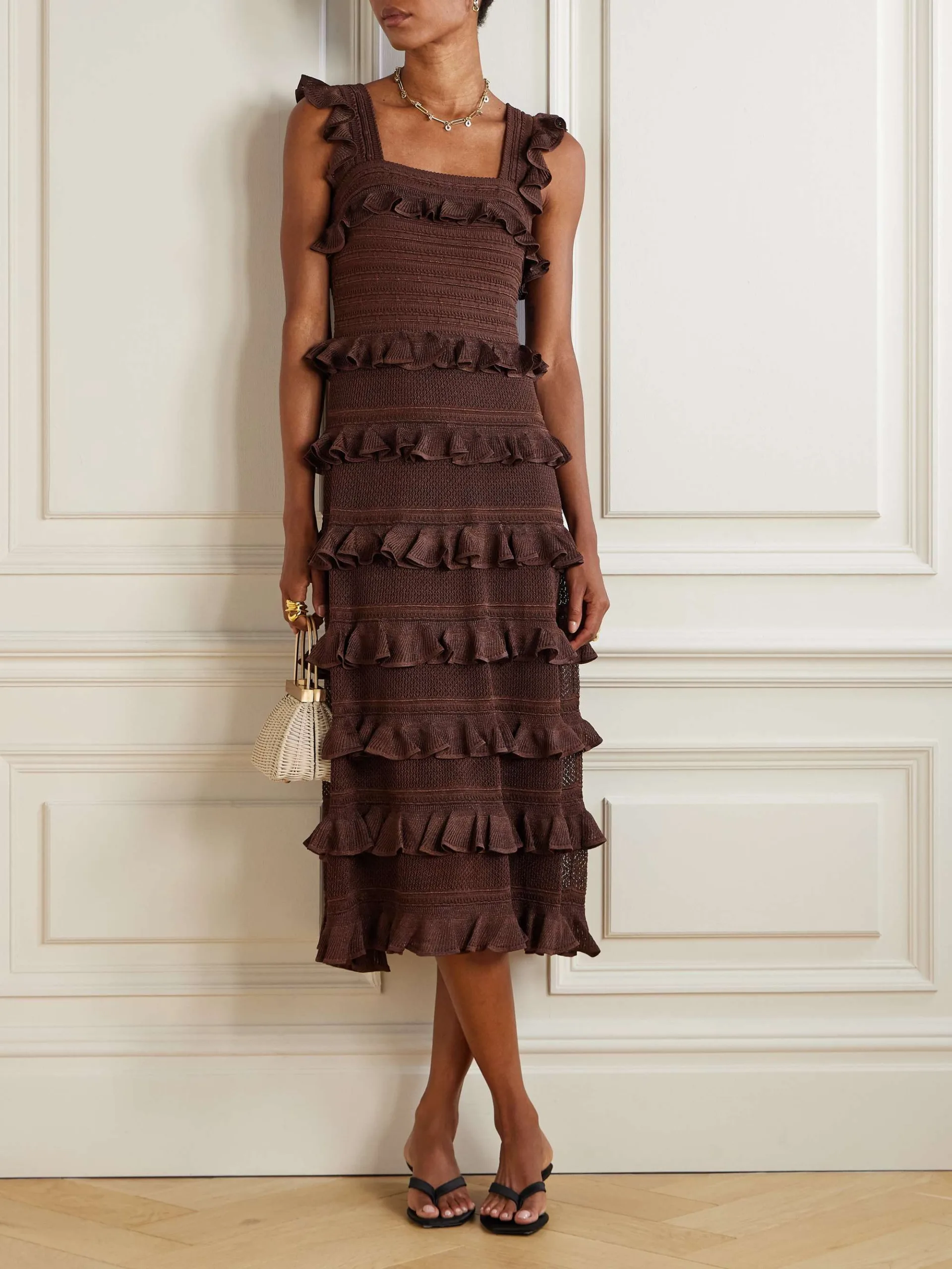 Zimmermann Ruffled Tiered Pointelle Knit Midi Dress
