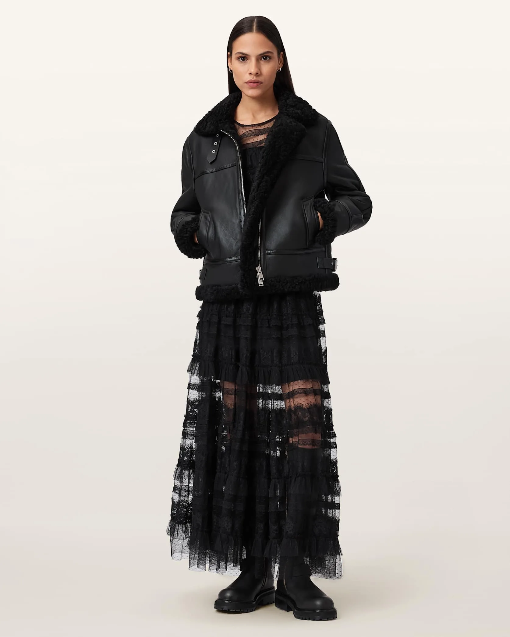 AllSaints Lorel Black Shearling Flying Jacket