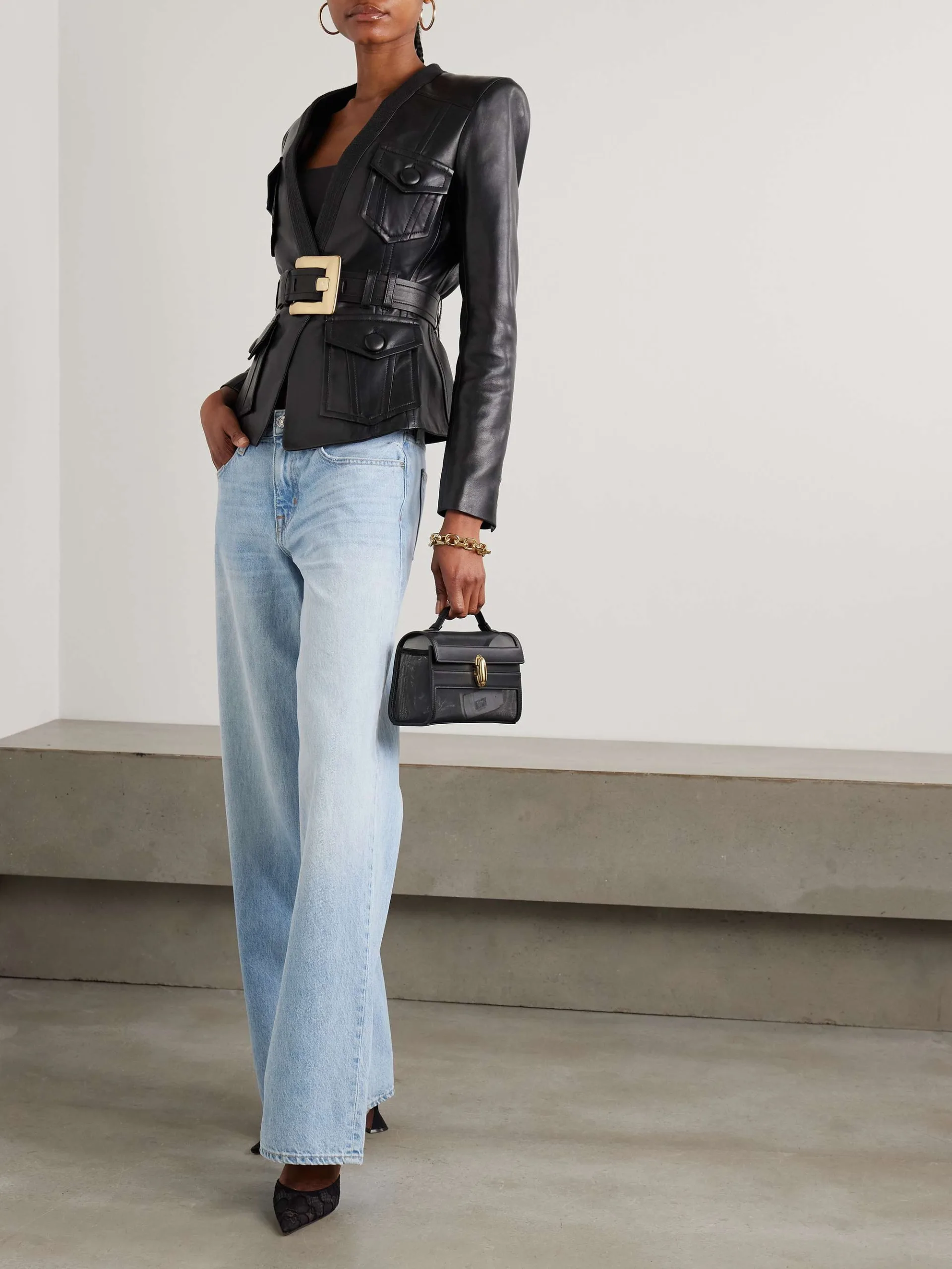 Balmain Belted Black Leather Blazer