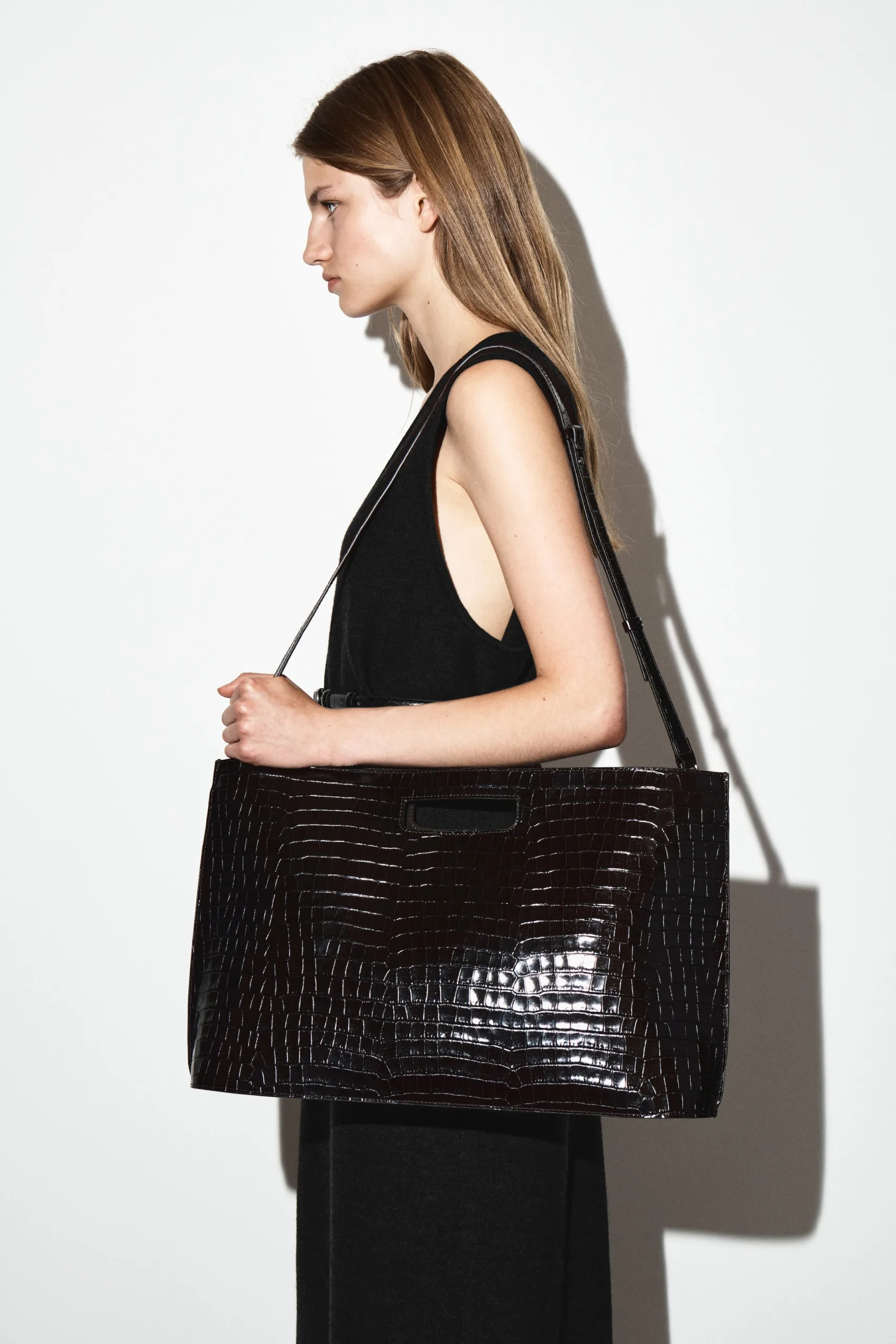 COS Folio Croc-Effect Brown Leather Oversized Bag