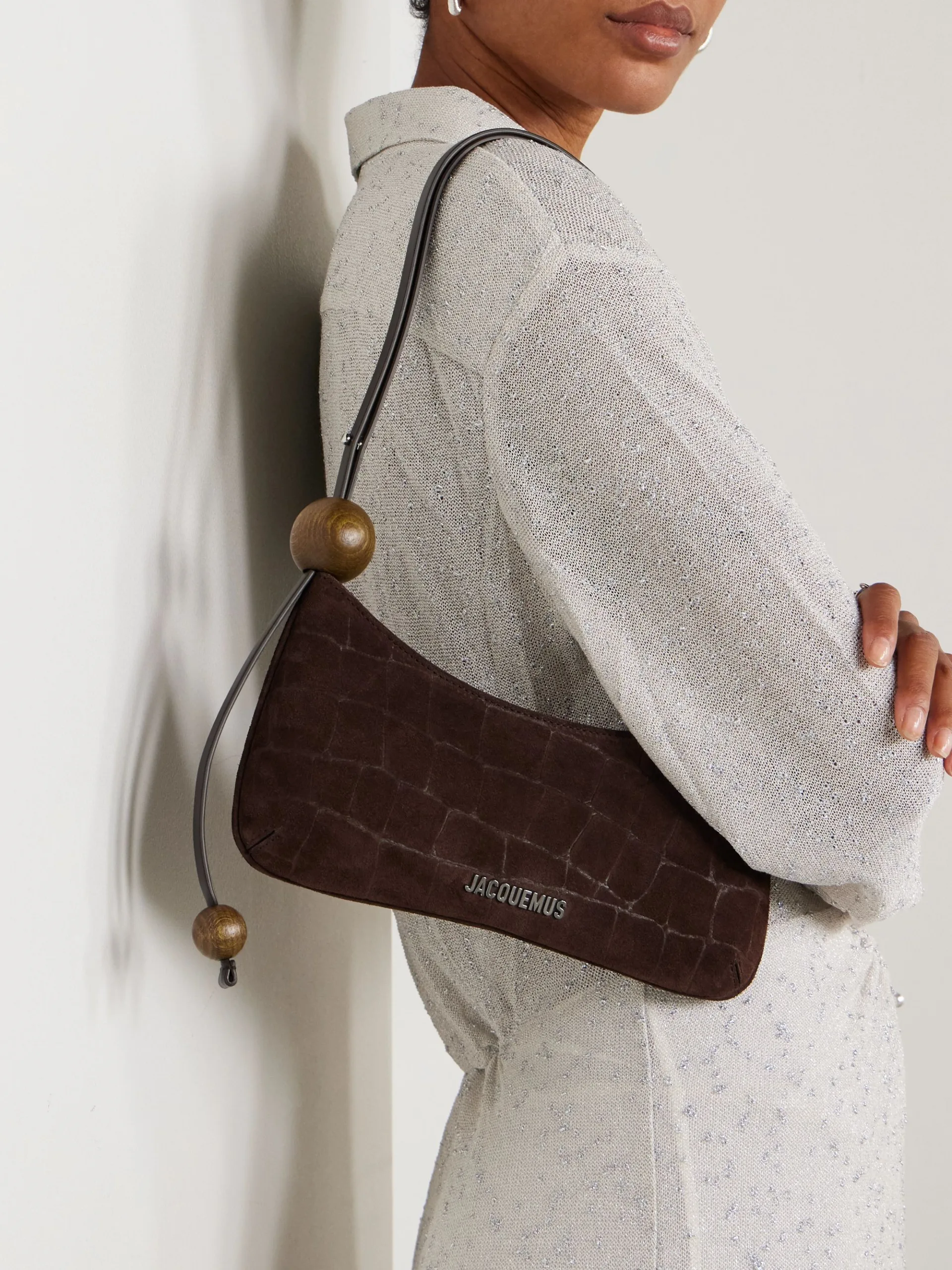 Jacquemus Le Bisou Perle Embellished Croc-effect Brown Suede Shoulder Bag