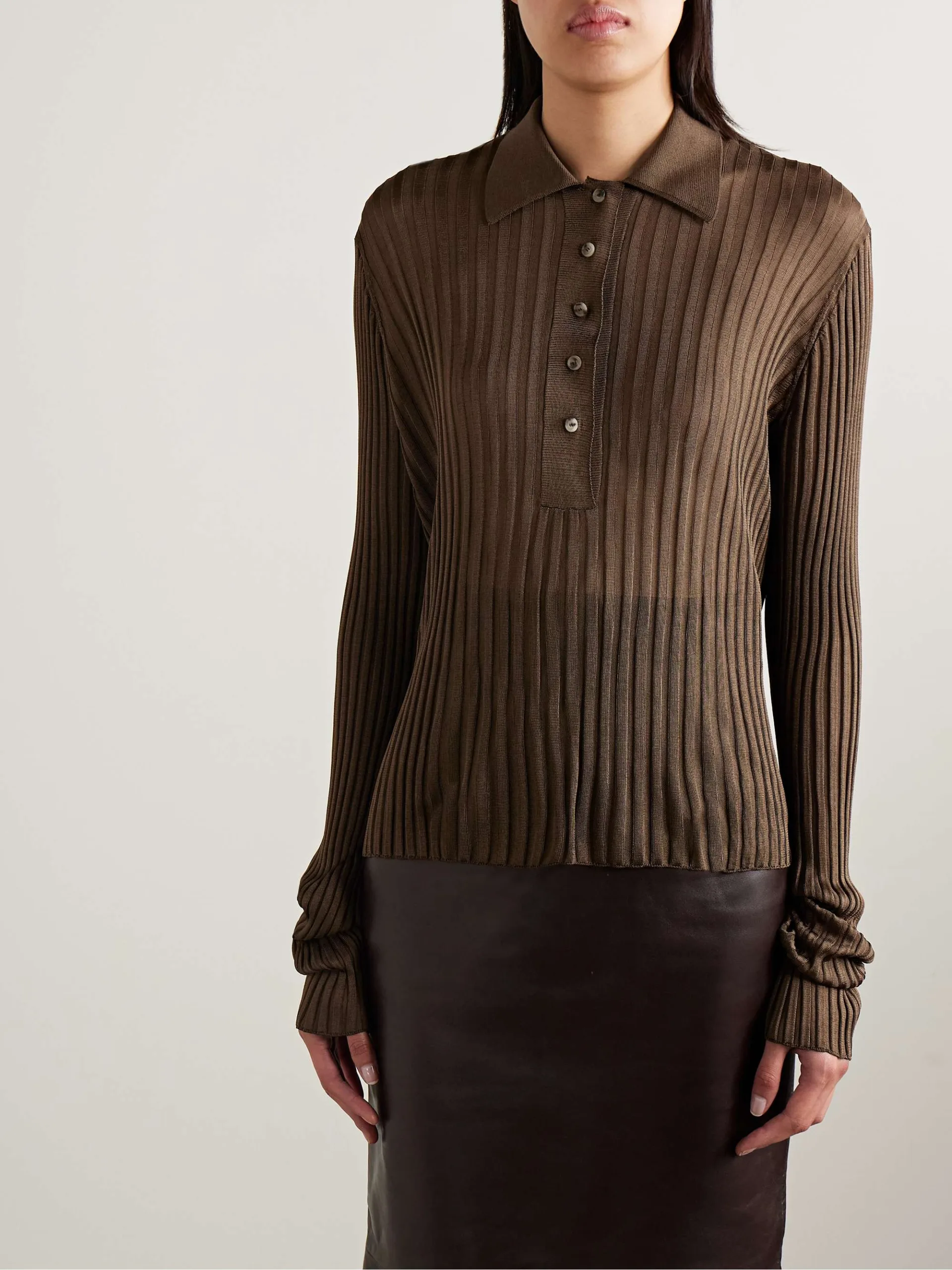 Khaite Vin Ribbed Knit Dark Brown Polo Shirt