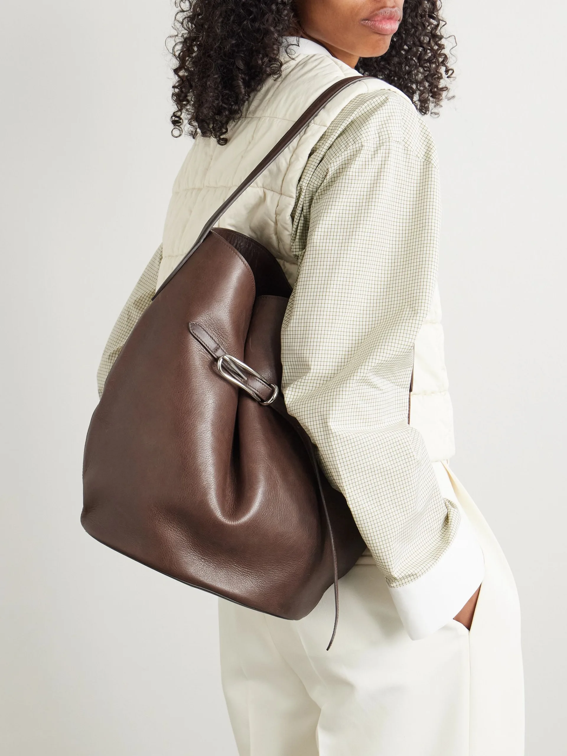 Liffner Buckled Dark Brown Leather Bucket Bag