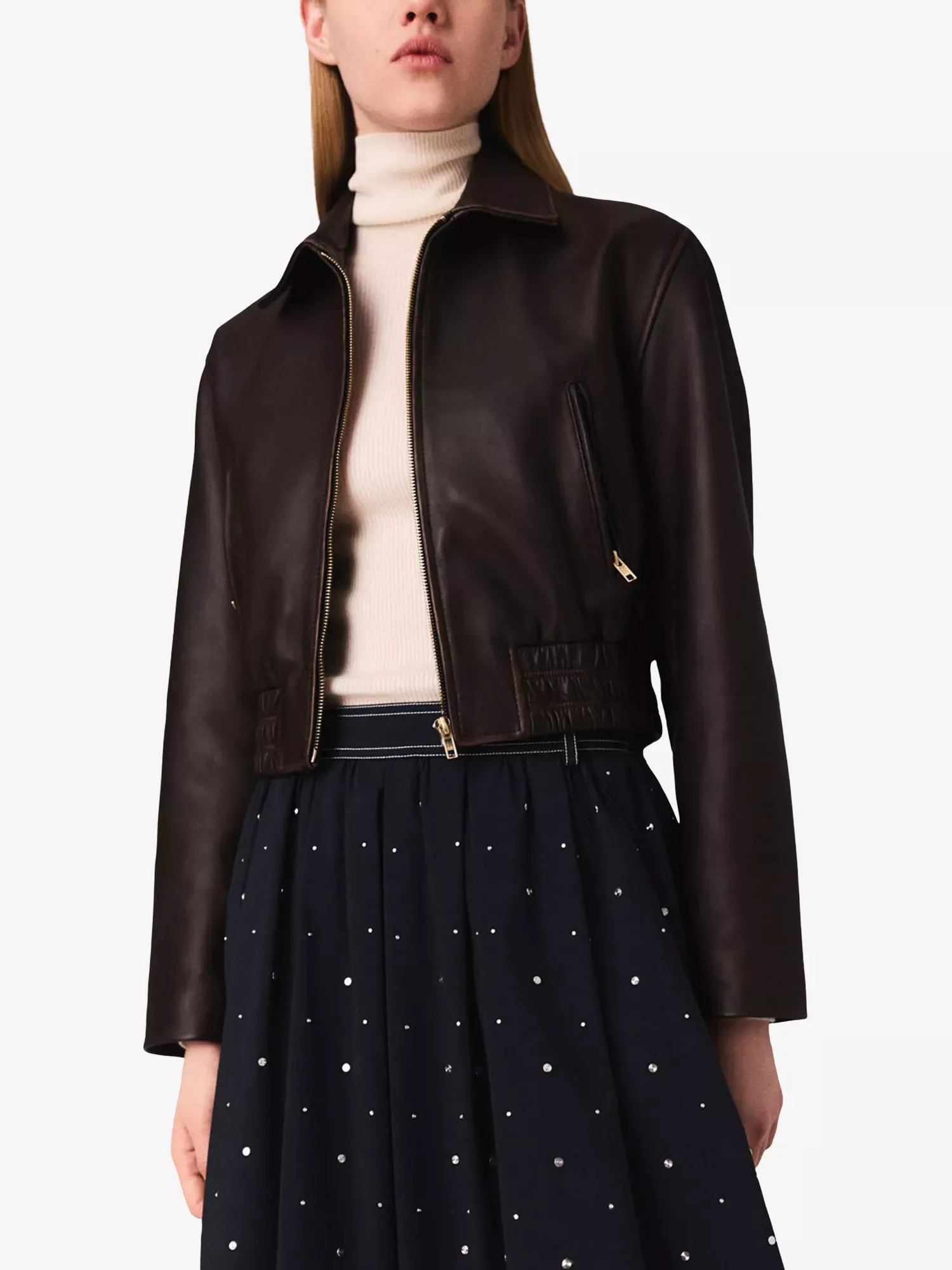 Maje Cropped Smocked-Waist Bruns Leather Jacket