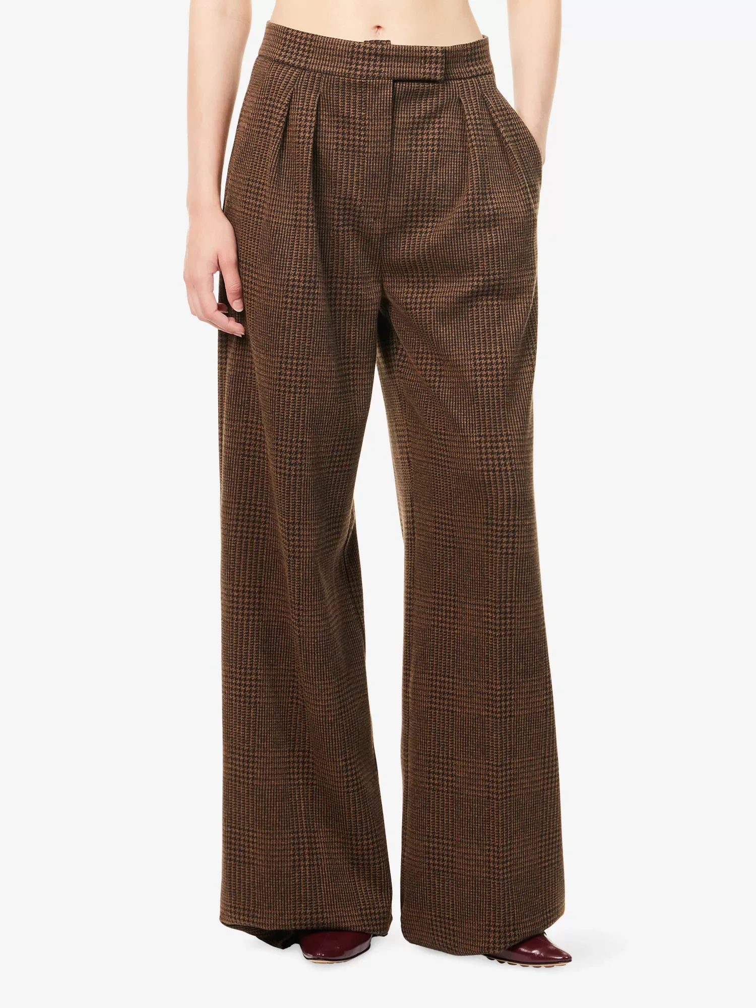Max Mara Ponza Glen Plaid Print Chocolate Cotton Blend Trousers