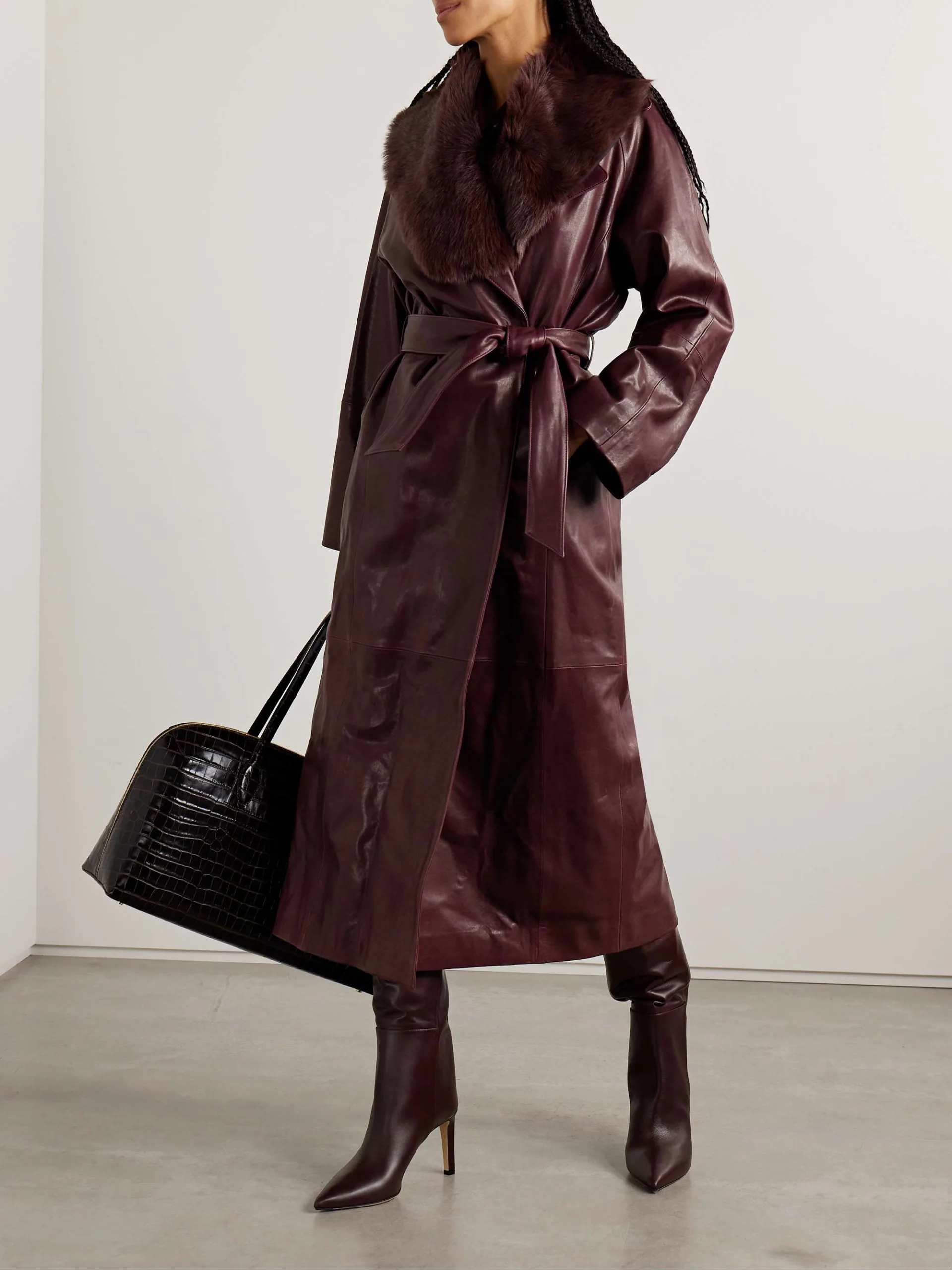 Nour Hammour Briona Belted Shearling Trimmed Plum Leather Coat