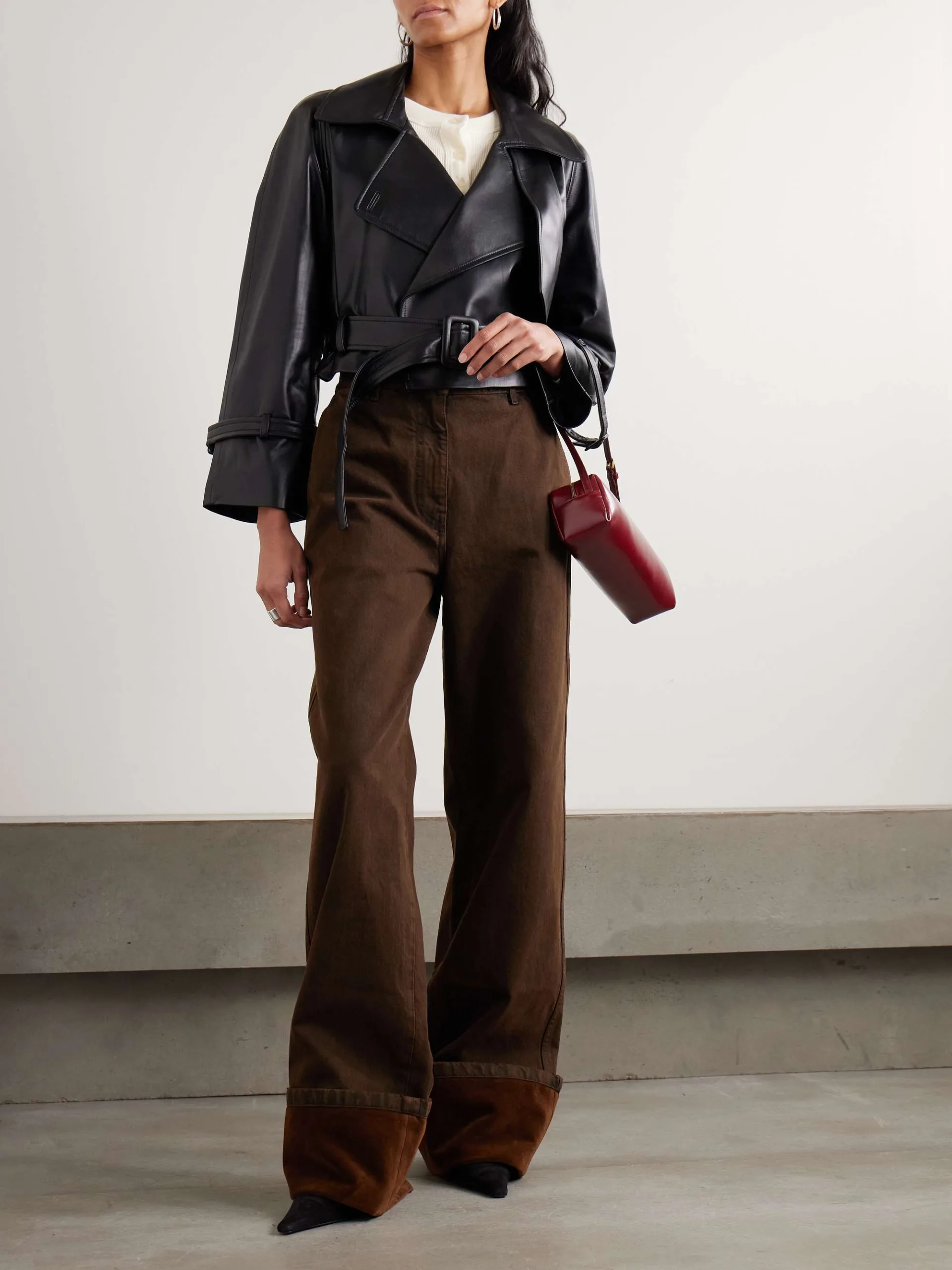 Nour Hammour Hatti Cropped Belted Black Leather Jacket