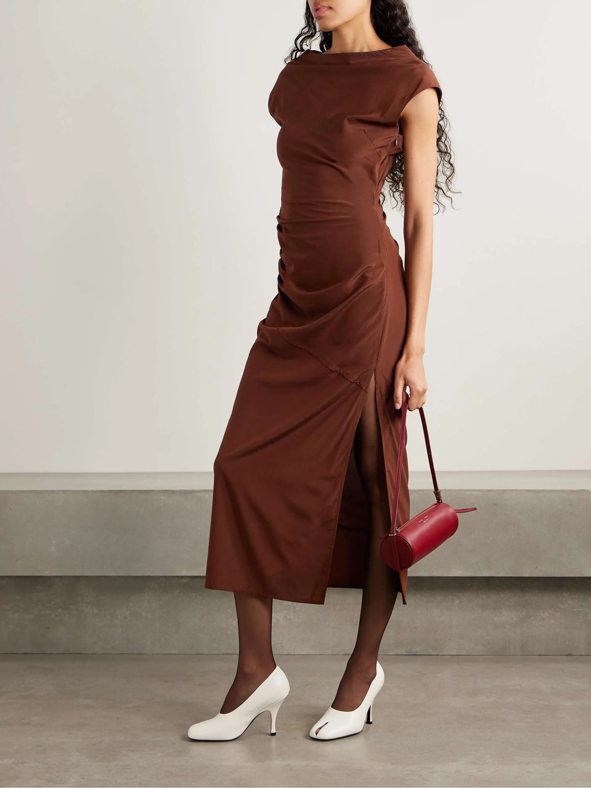 Proenza Schouler Tasa Draped Crepe de Chine Brown Midi Dress