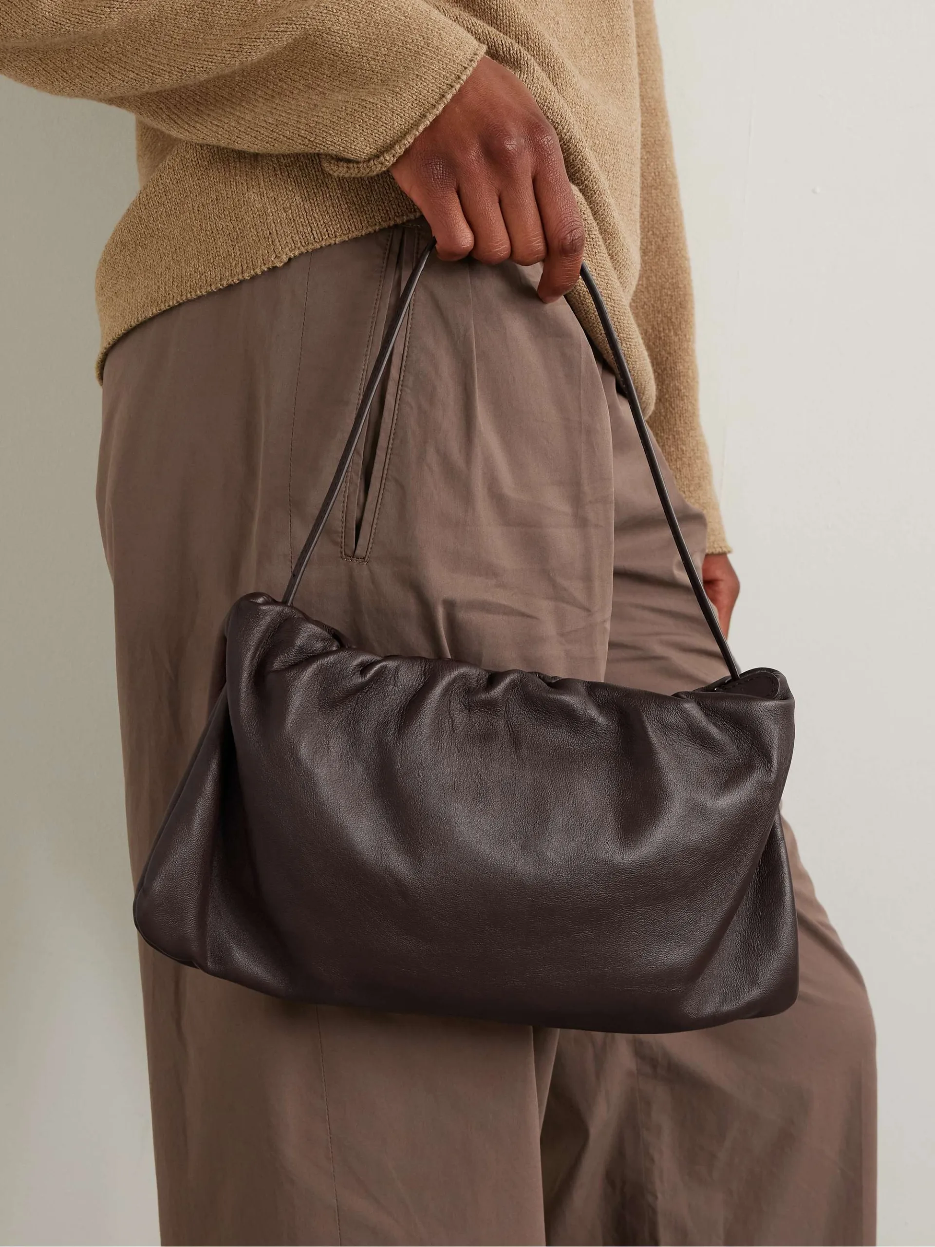 The Row Bourse XL Gathered Brown Leather Shoulder Bag