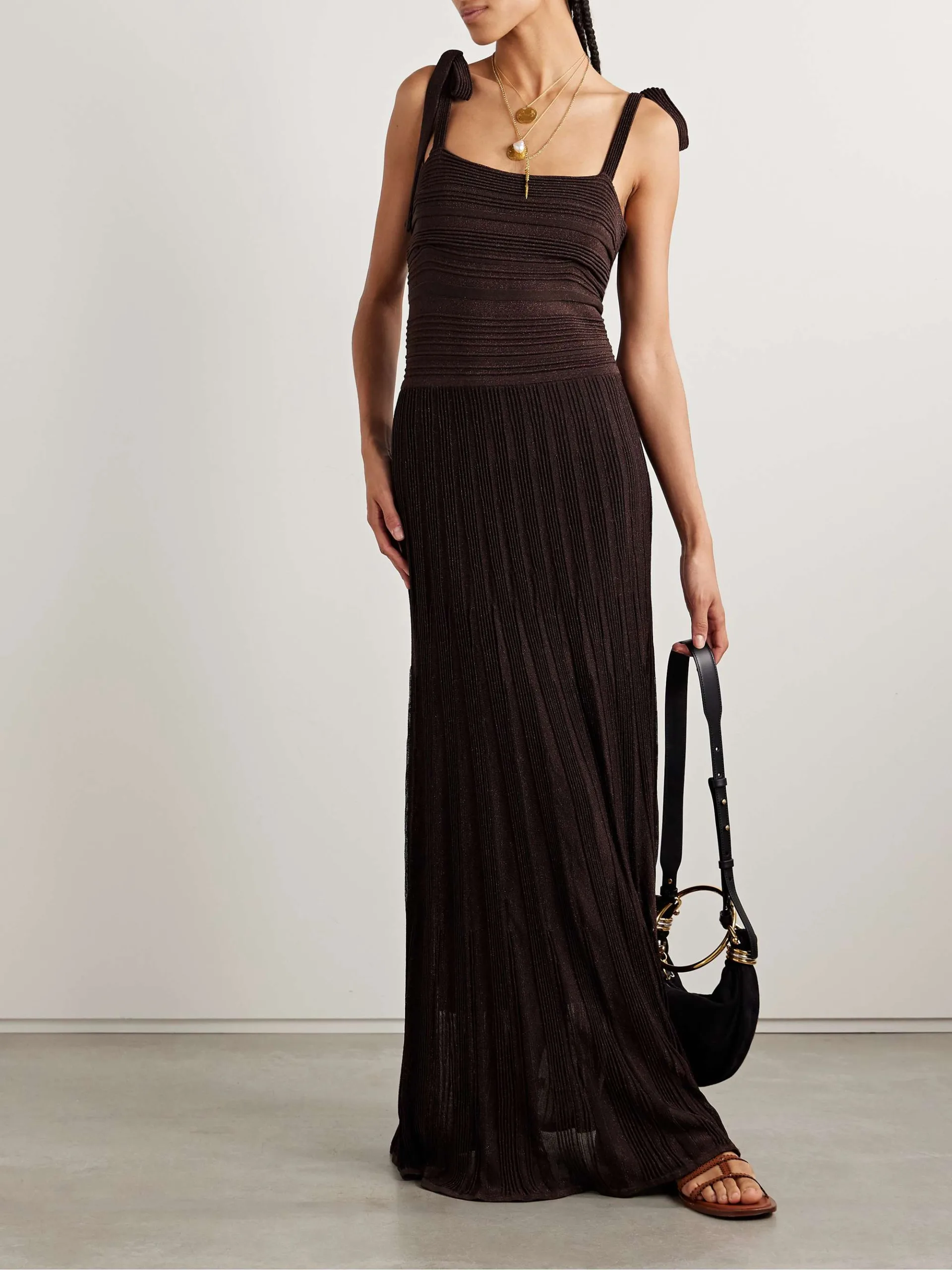 Zimmermann Lucky Metallic Ribbed Stretch Knit Chocolate Maxi Dress